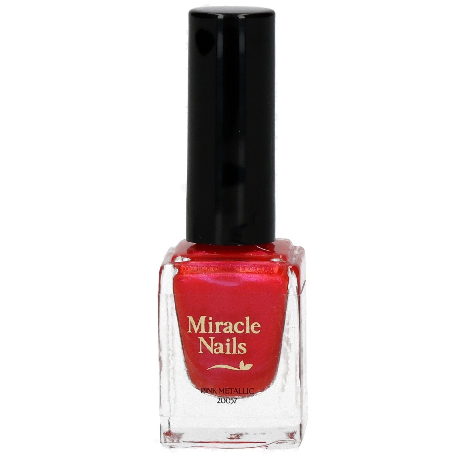 Nagellackflasche mit rotem Inhalt und schwarzem Deckel. Aufschrift: Miracle Nails, Pink Metallic.