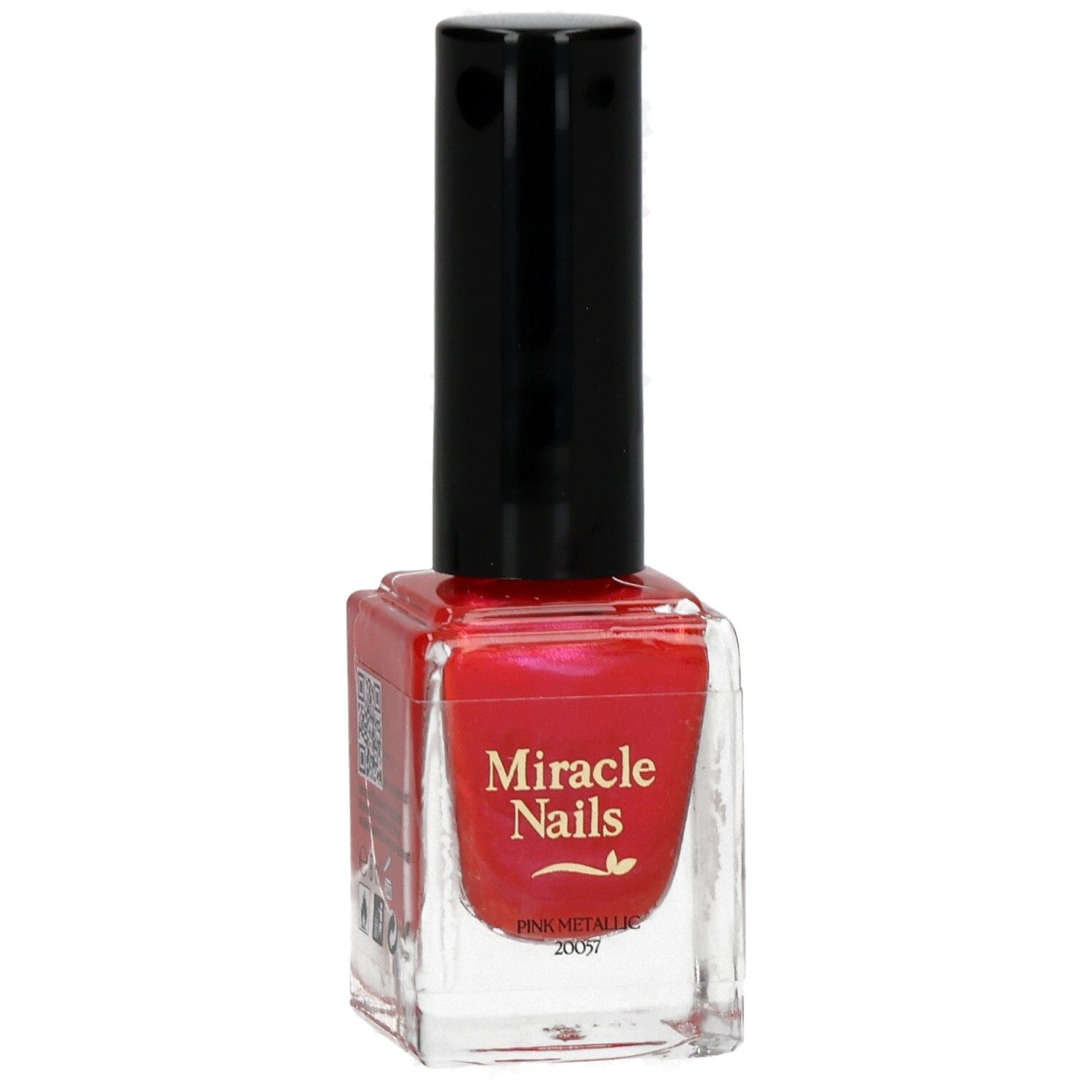 Nagellackflasche mit rotem Inhalt und schwarzem Deckel. Aufschrift: Miracle Nails, Pink Metallic.