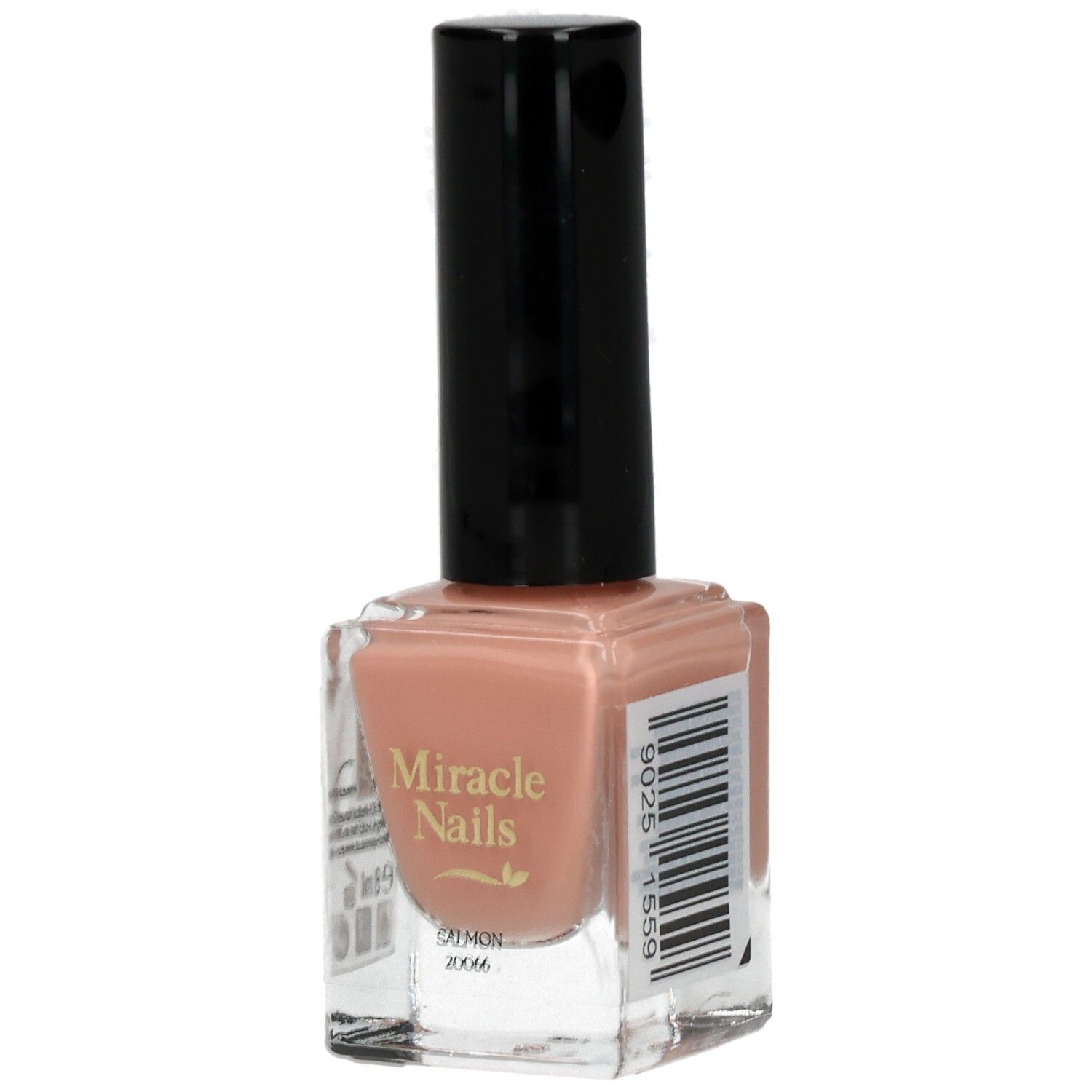 Nagellackflasche mit schwarzem Deckel. Aufschrift: Miracle Nails. Farbe: Lachs. Barcode auf der Seite.