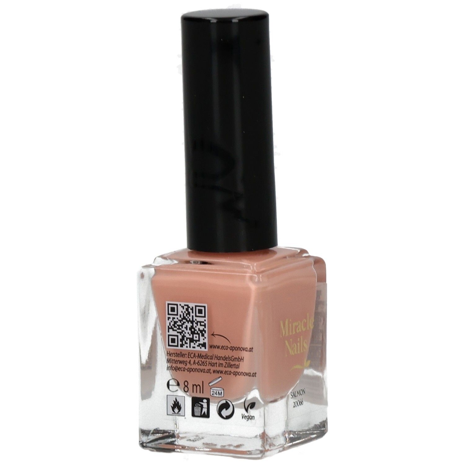 Nagellackflasche mit schwarzem Deckel. Aufschrift: Miracle Nails. Farbe: Lachs. Auf der Rückseite Informationen und Symbole.