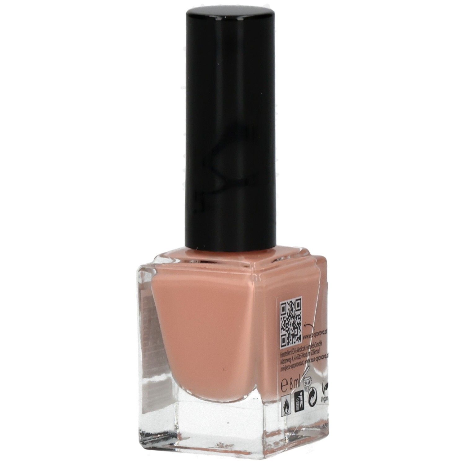 Nagellackflasche mit schwarzem Deckel. Aufschrift: Miracle Nails. Farbe: Lachs. Auf der Rückseite Informationen und Symbole.
