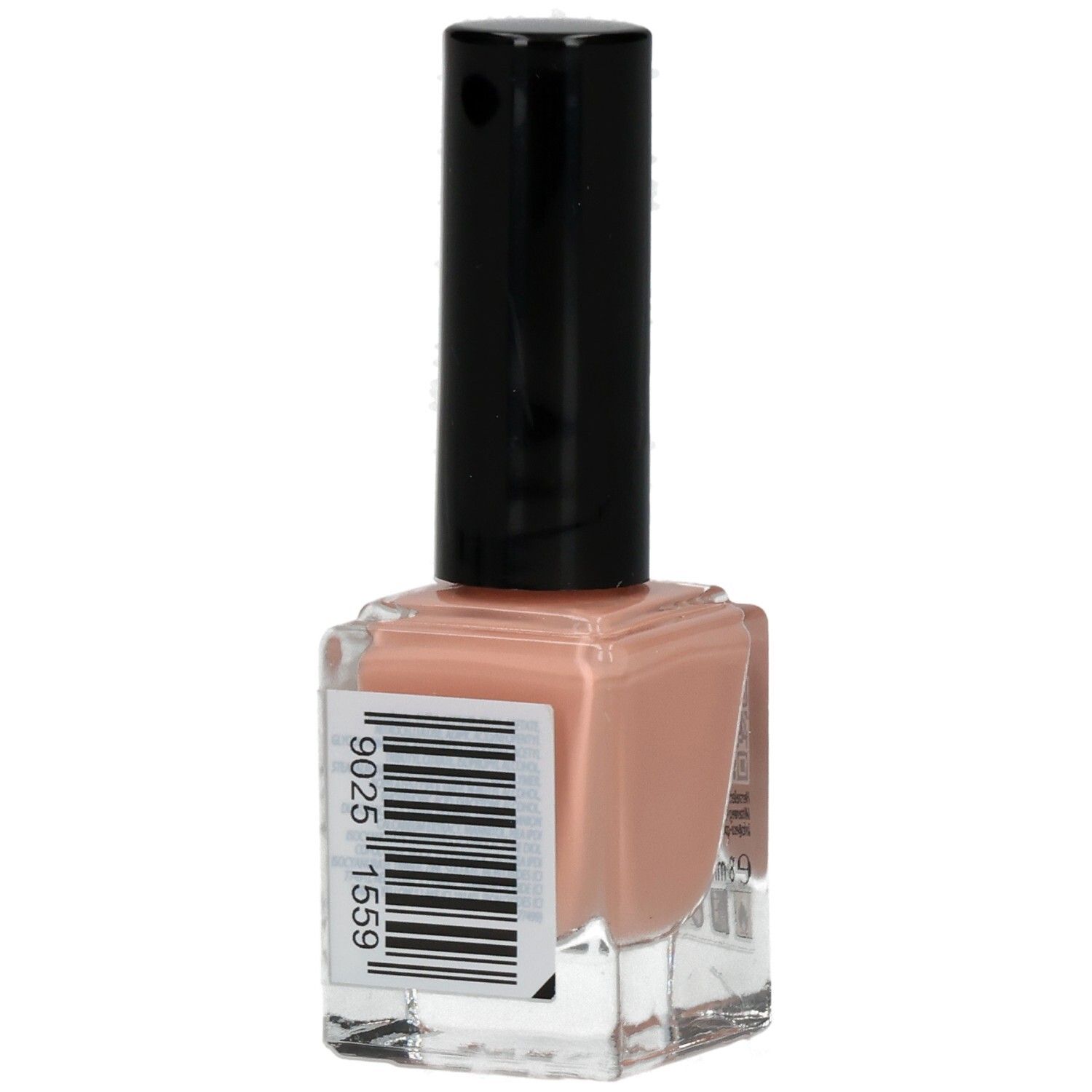 Nagellackflasche mit schwarzem Deckel. Aufschrift: Miracle Nails. Farbe: Lachs. Barcode auf der Seite.