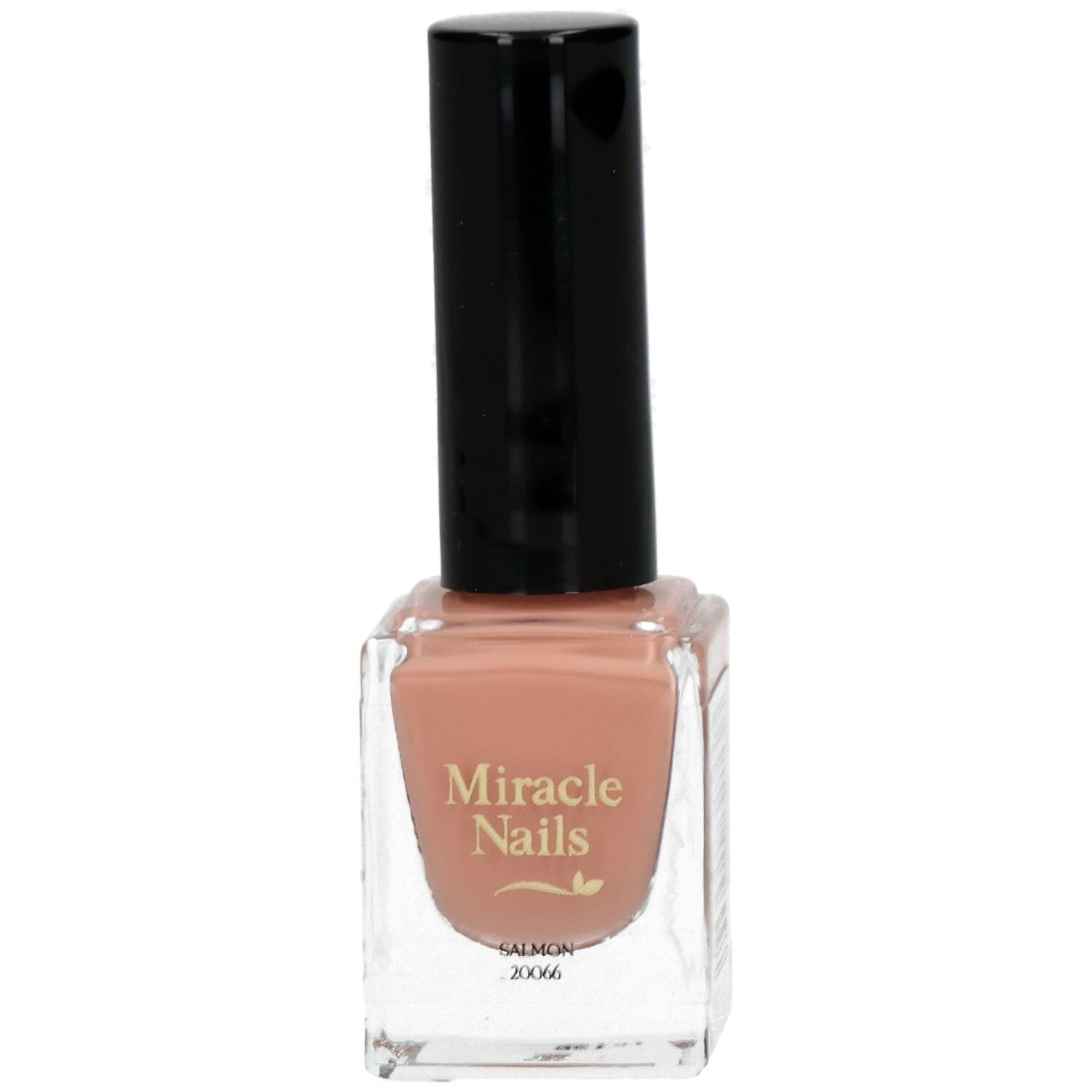 Nagellackflasche mit schwarzem Deckel. Aufschrift: Miracle Nails. Farbe: Lachs. Produktname und Farbcode.