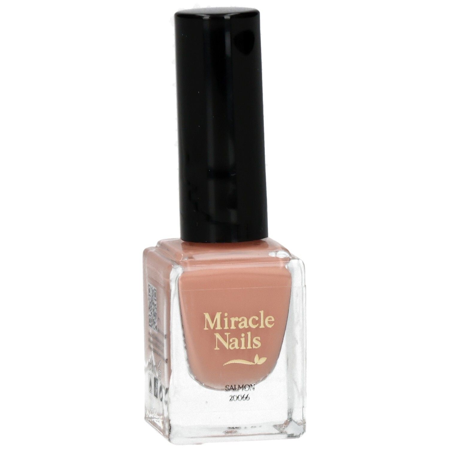Nagellackflasche mit schwarzem Deckel. Aufschrift: Miracle Nails. Farbe: Lachs. Auf der Rückseite Informationen und Symbole.