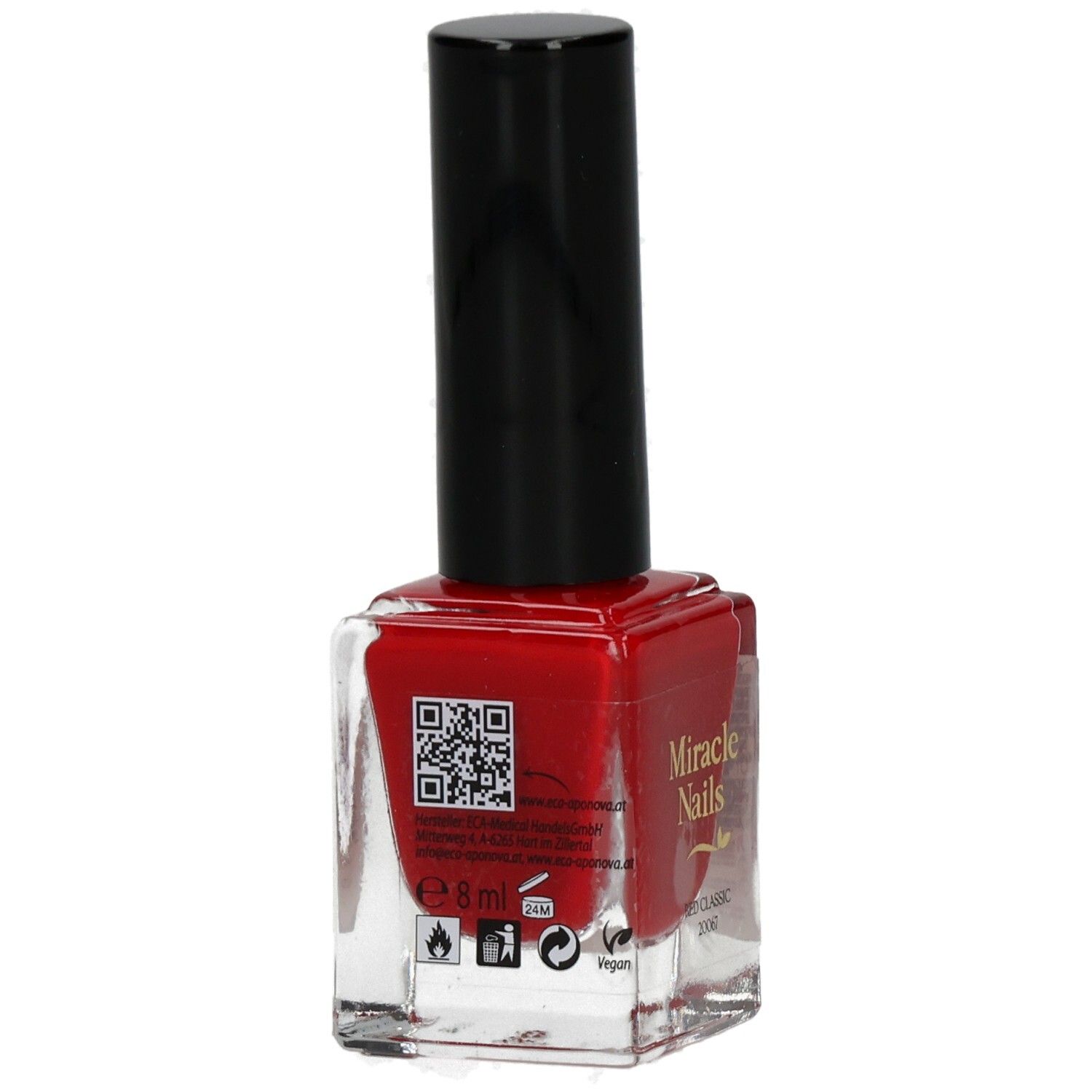 Roter Nagellack in Glasflasche mit schwarzem Deckel. Auf der Rückseite QR-Code und Informationen.