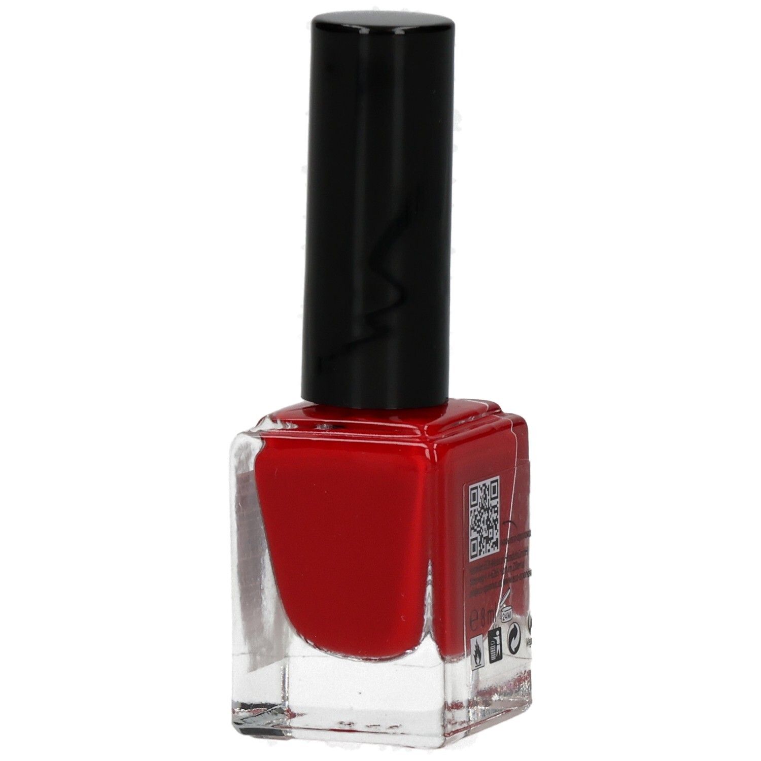 Roter Nagellack in Glasflasche mit schwarzem Deckel. Auf der Flasche ein QR-Code.