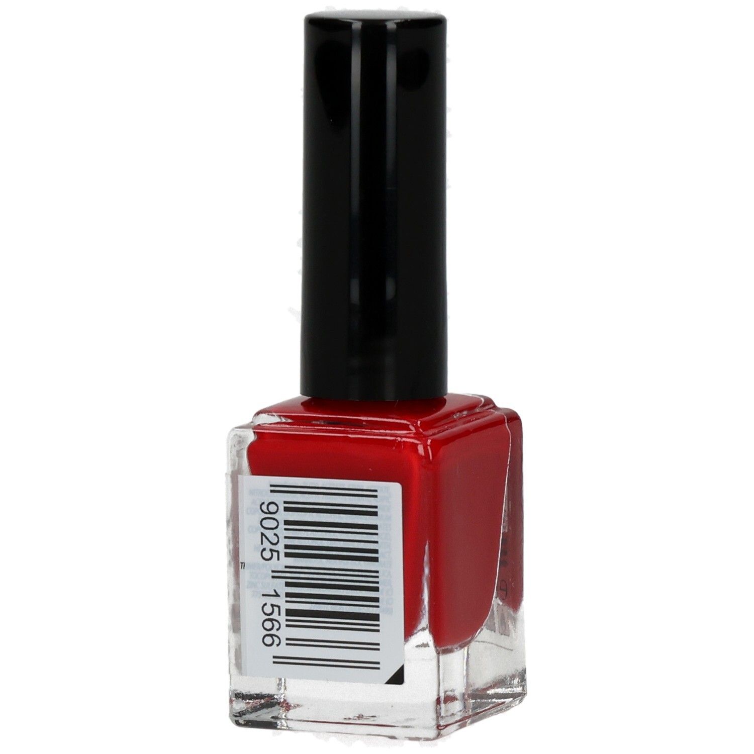 Roter Nagellack in Glasflasche mit schwarzem Deckel. Auf der Flasche ein Barcode.