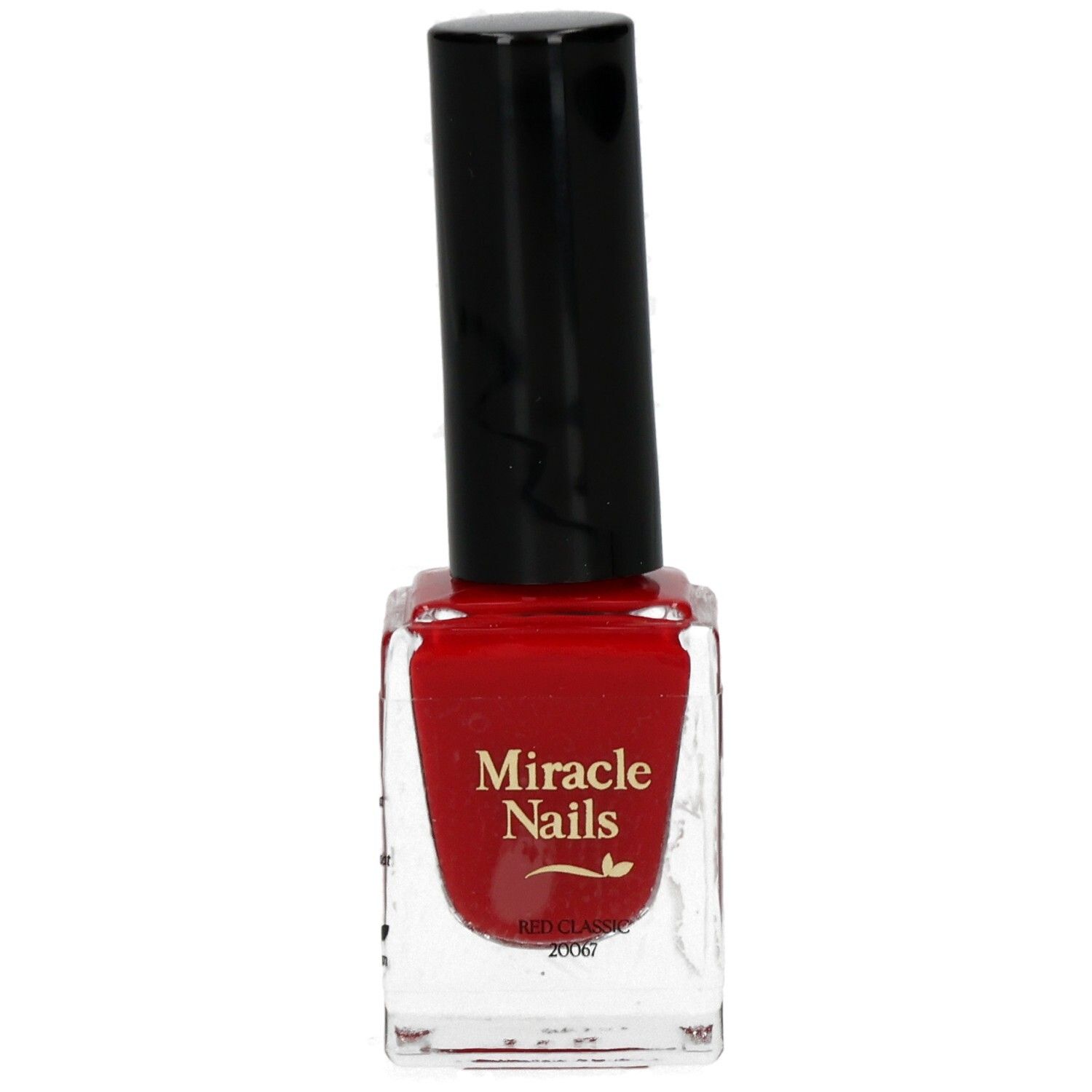 Roter Nagellack in quadratischer Glasflasche mit schwarzem Deckel. Aufschrift: Miracle Nails.