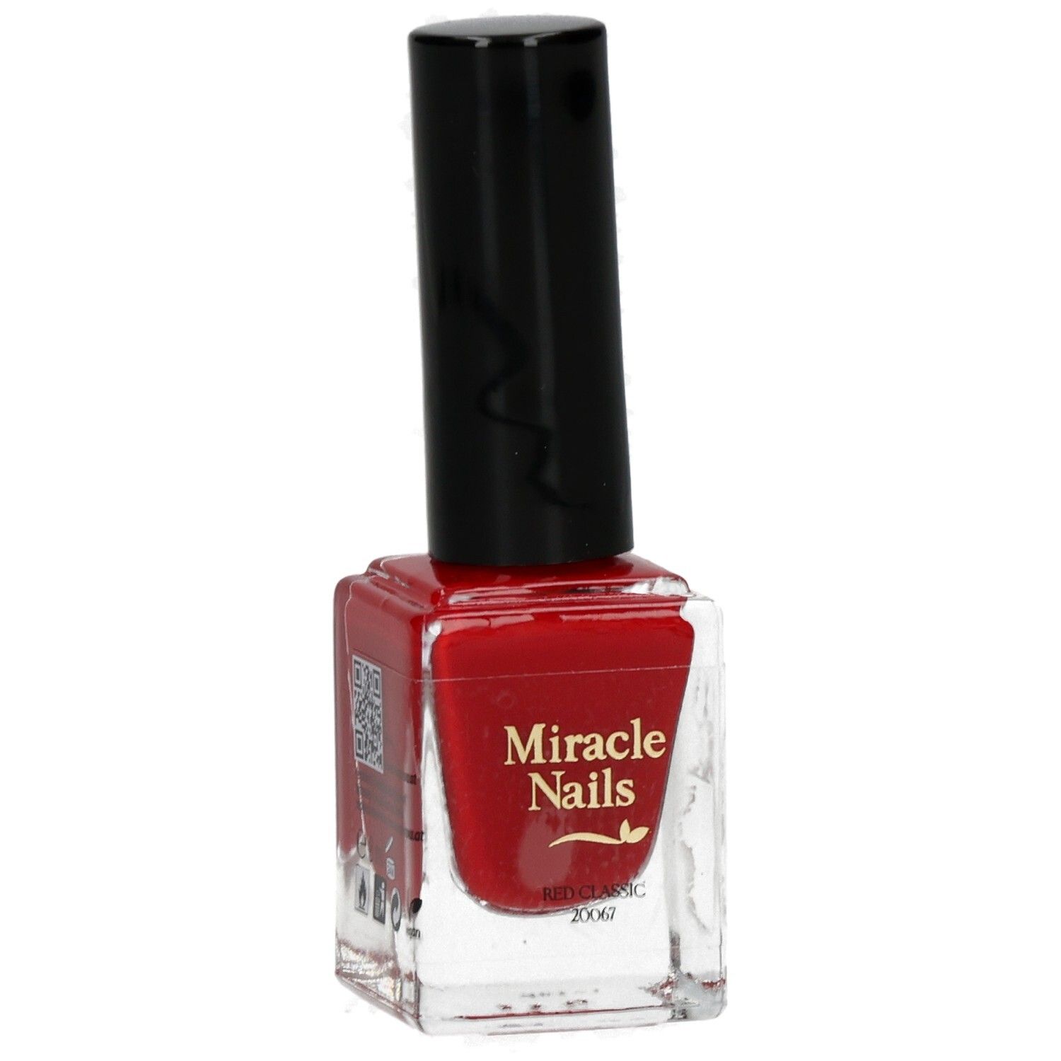 Roter Nagellack in Glasflasche mit schwarzem Deckel. Aufschrift: Miracle Nails, QR-Code.