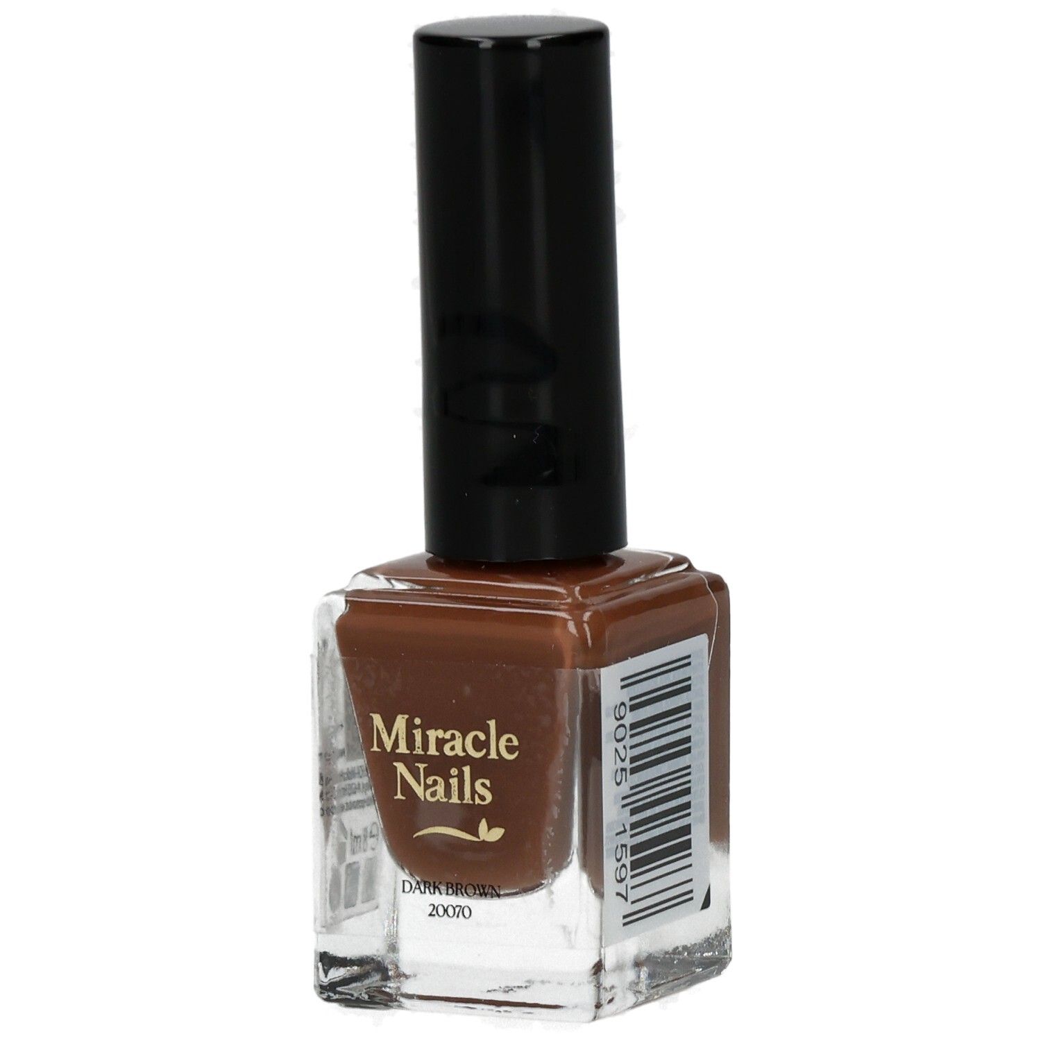 Nagellackflasche, braune Farbe, schwarzer Deckel. Aufschrift: Miracle Nails.