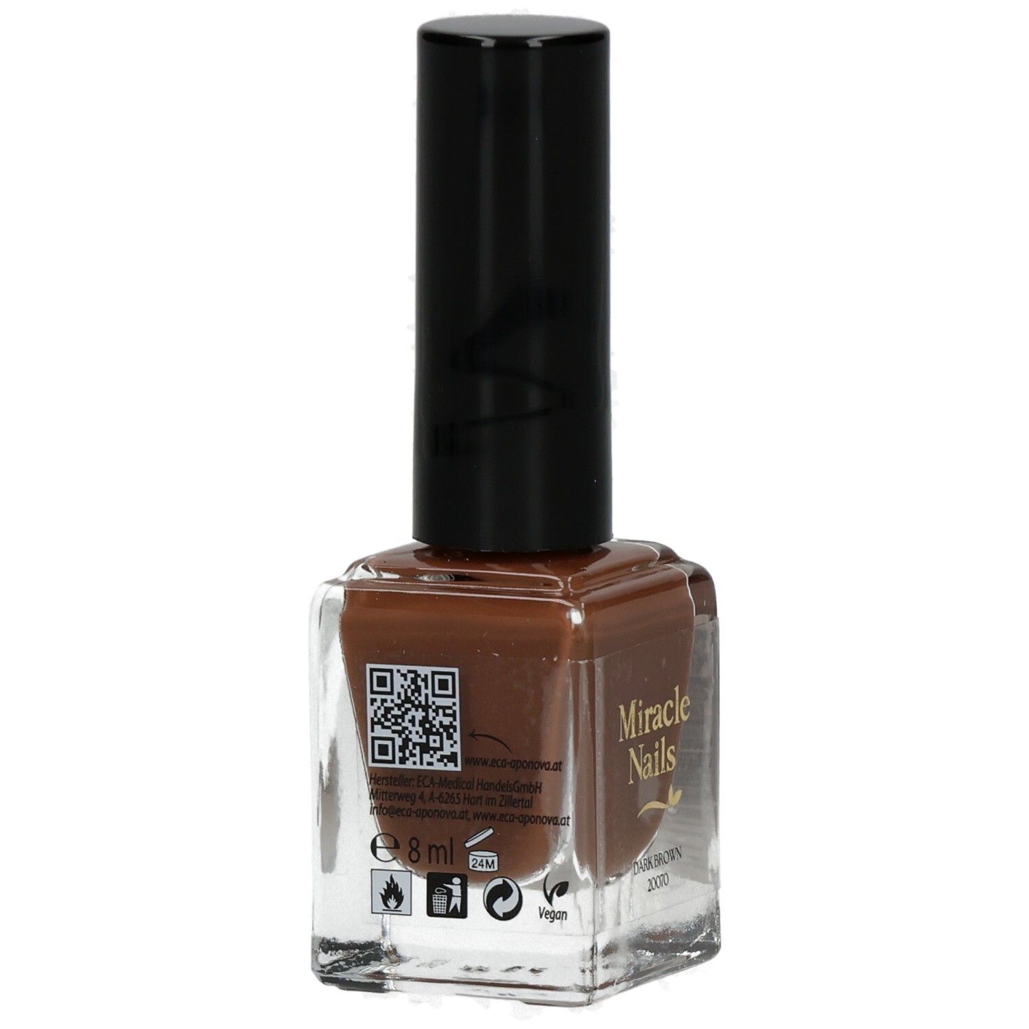 Nagellackflasche, braune Farbe, schwarzer Deckel. Aufschrift: Miracle Nails. QR-Code.