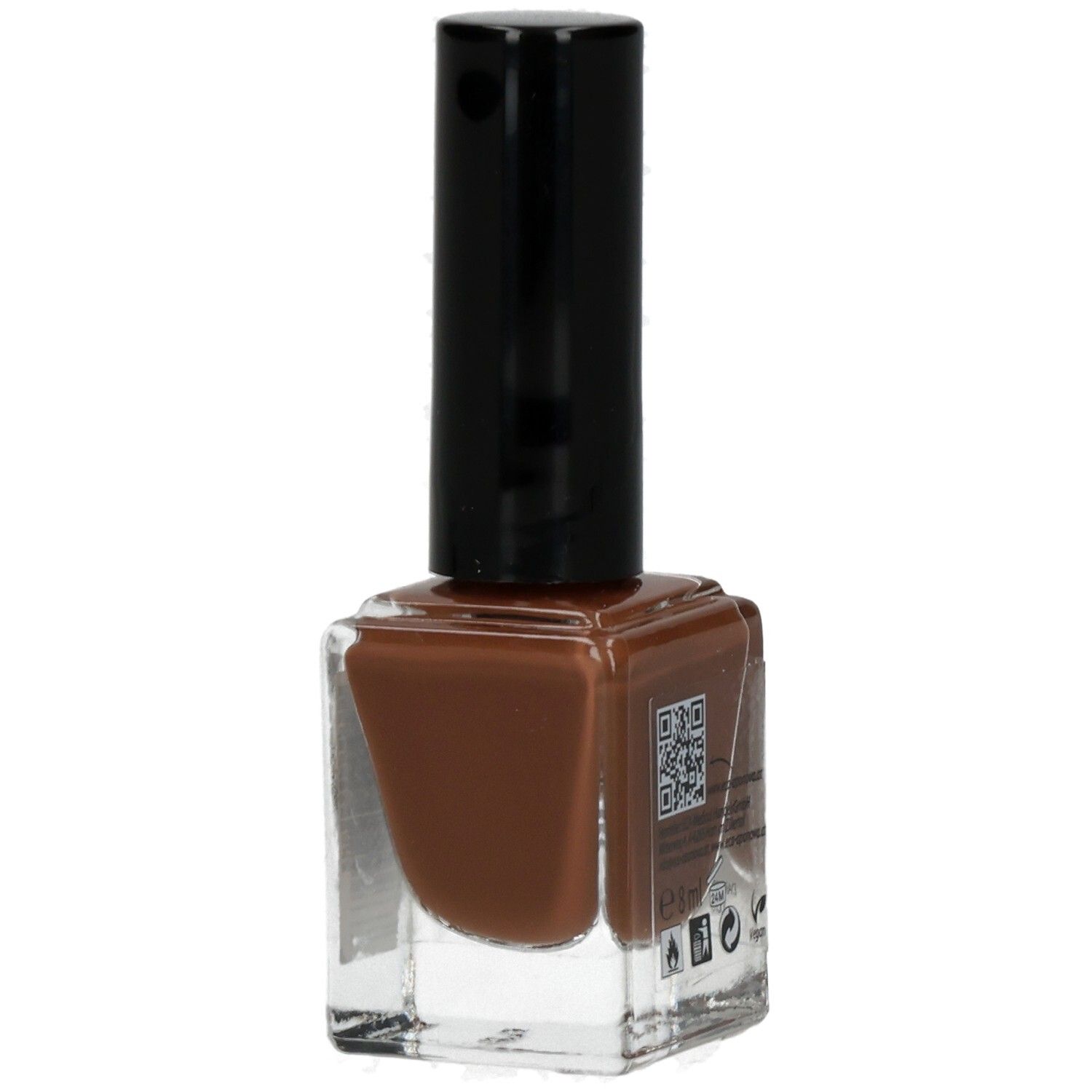 Nagellackflasche, braune Farbe, schwarzer Deckel. QR-Code und Symbole.