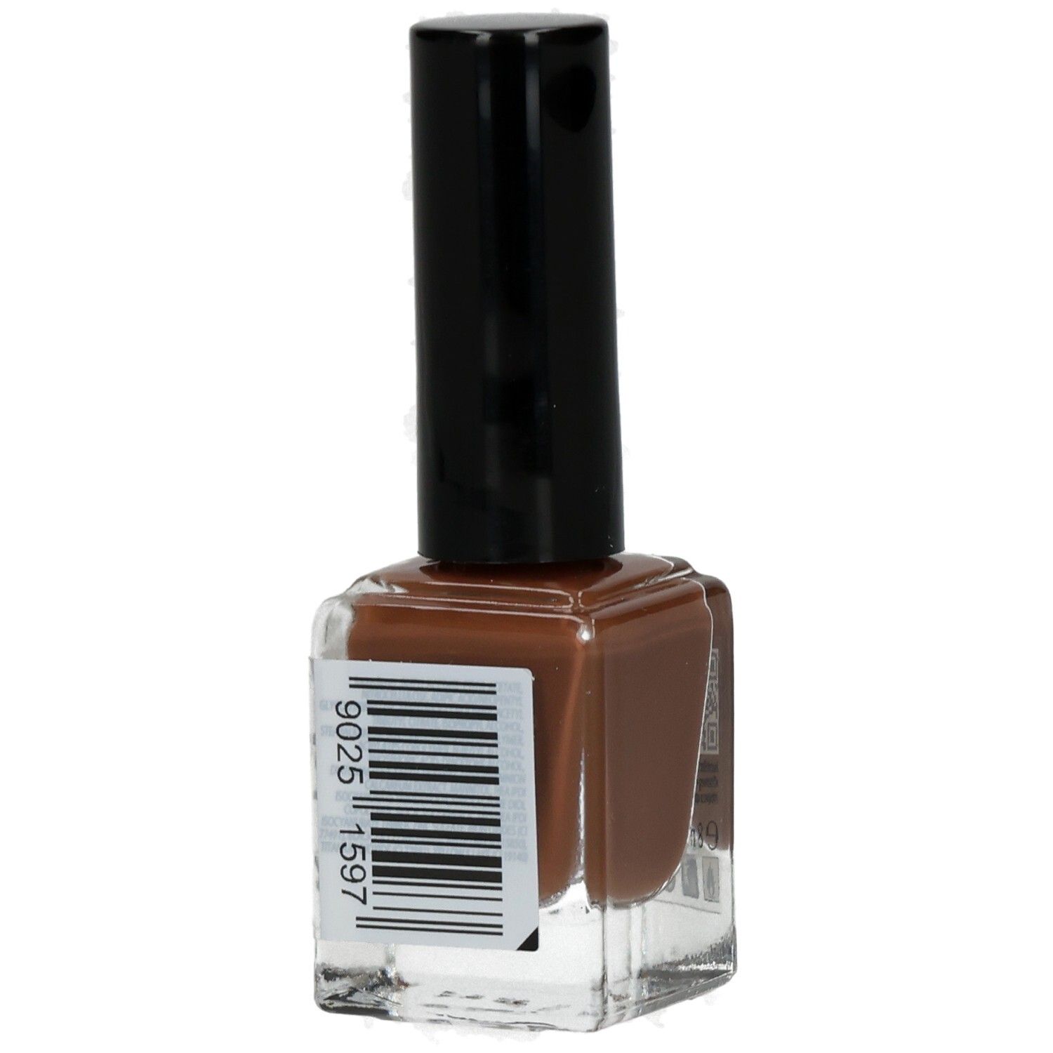 Nagellackflasche, braune Farbe, schwarzer Deckel. Barcode.