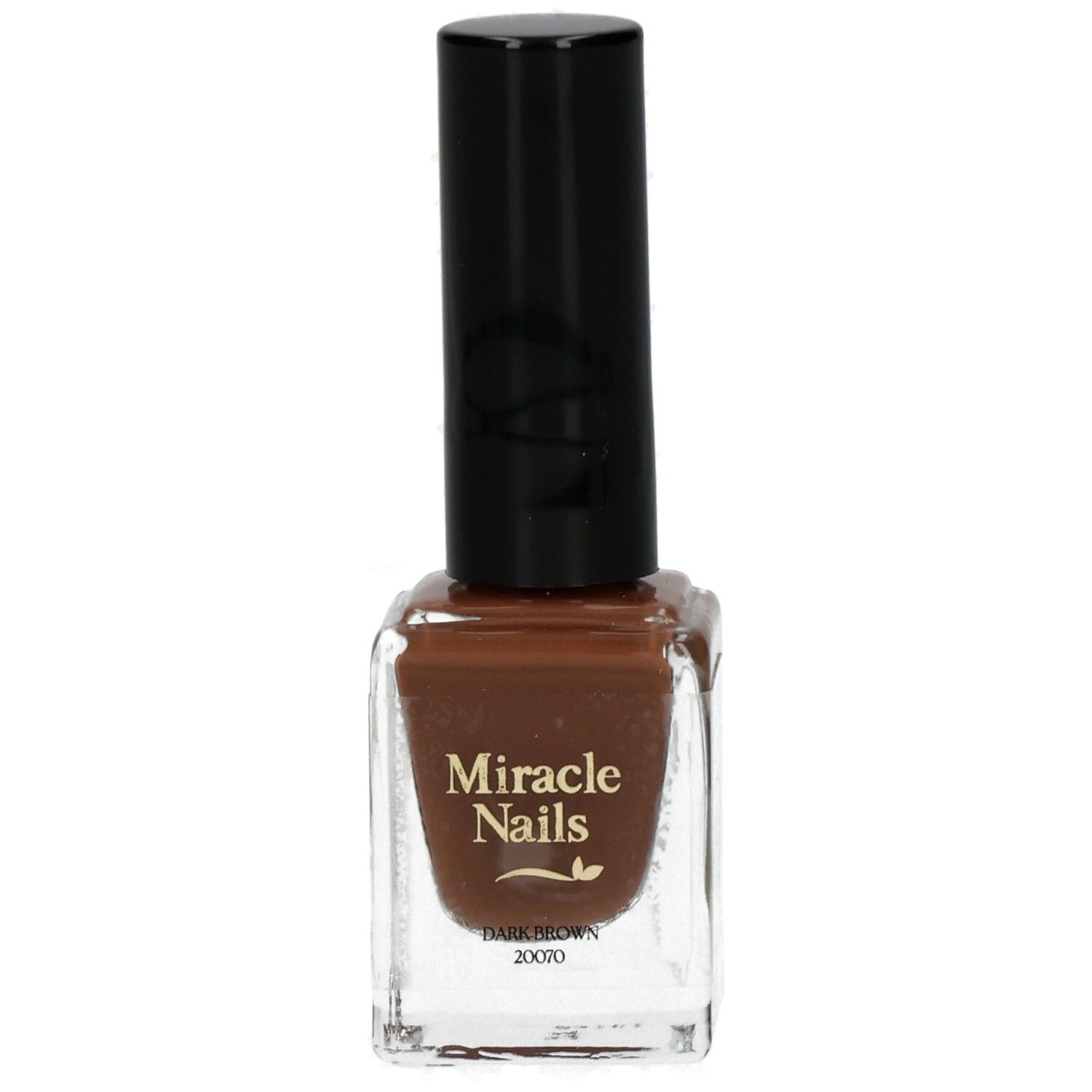 Nagellackflasche, braune Farbe, schwarzer Deckel. Aufschrift: Miracle Nails, Dark Brown.