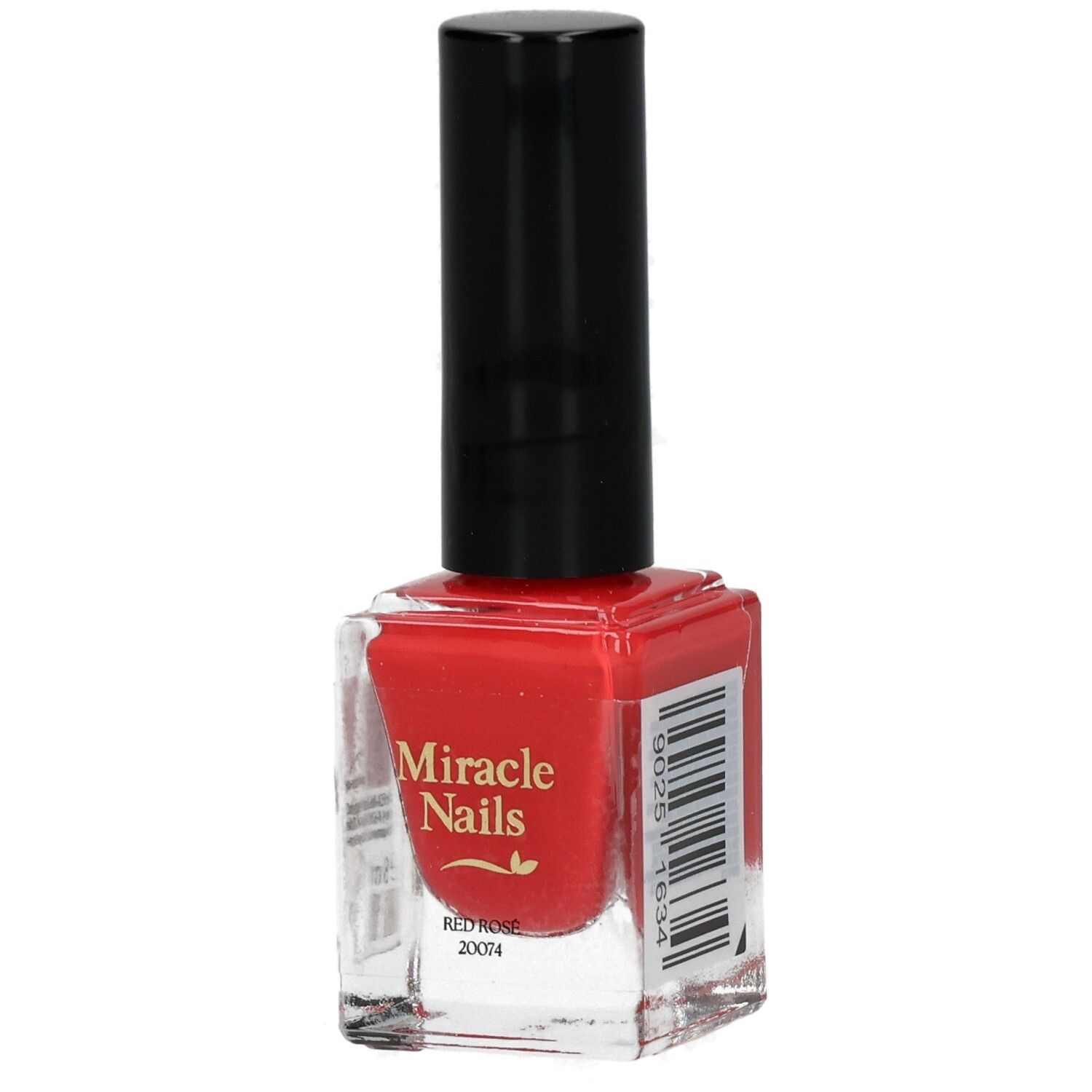 Roter Nagellack in einer quadratischen Glasflasche mit schwarzem Deckel. Aufschrift: Miracle Nails, Red Rose.