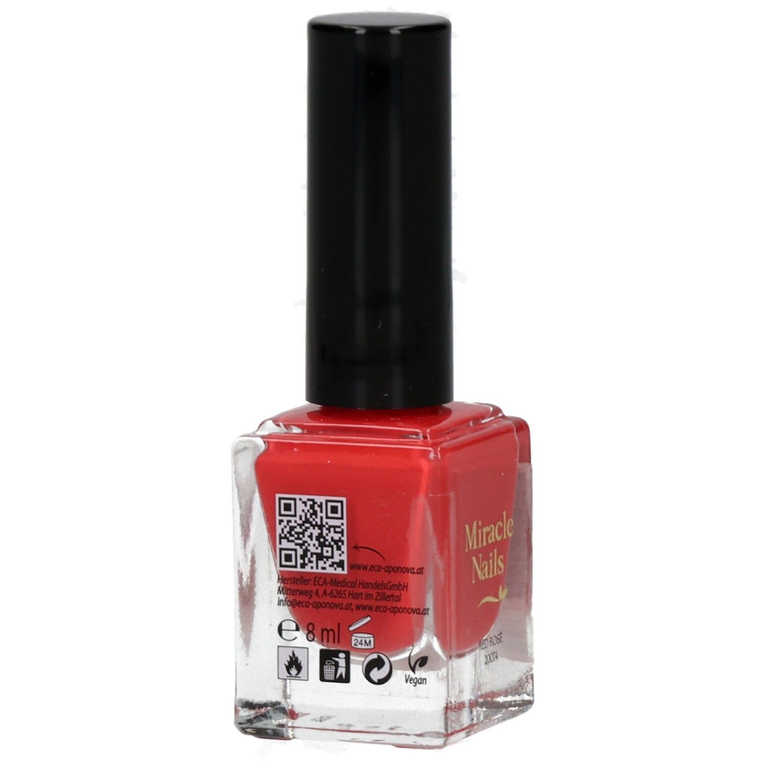 Roter Nagellack in Glasflasche mit schwarzem Deckel. Aufschrift: Miracle Nails. Rückseite mit QR-Code und Informationen.