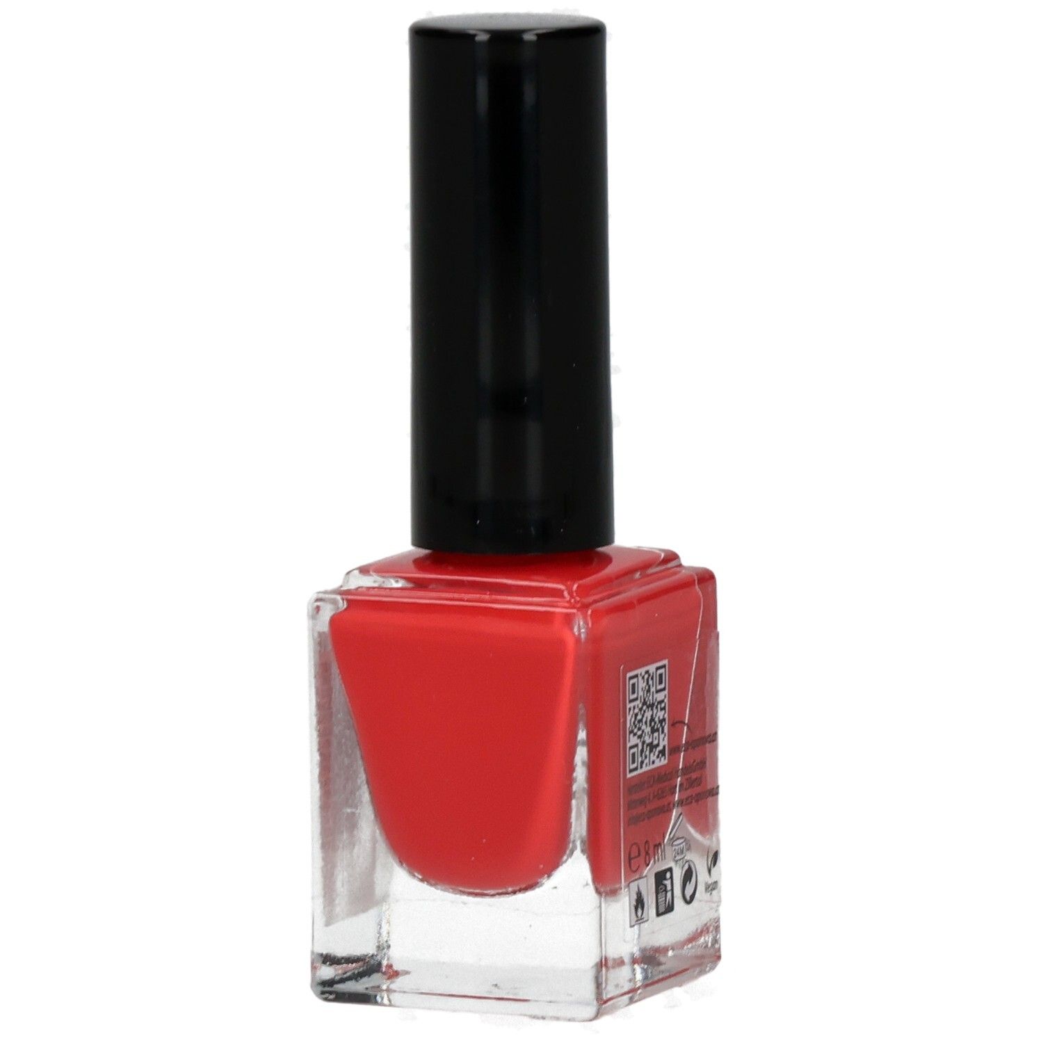 Roter Nagellack in einer Glasflasche mit schwarzem Deckel. Aufschrift: Miracle Nails. QR-Code auf der rechten Seite.