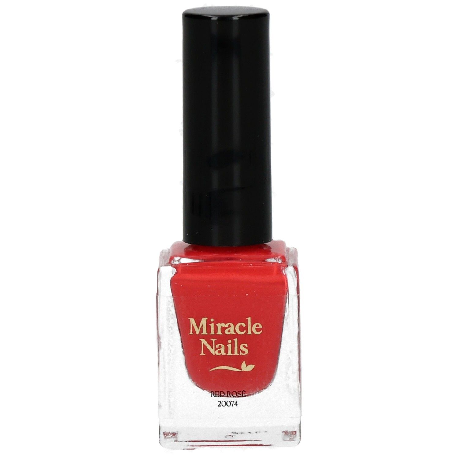 Roter Nagellack in einer Glasflasche mit schwarzem Deckel. Aufschrift: Miracle Nails, Red Rose, 20074.