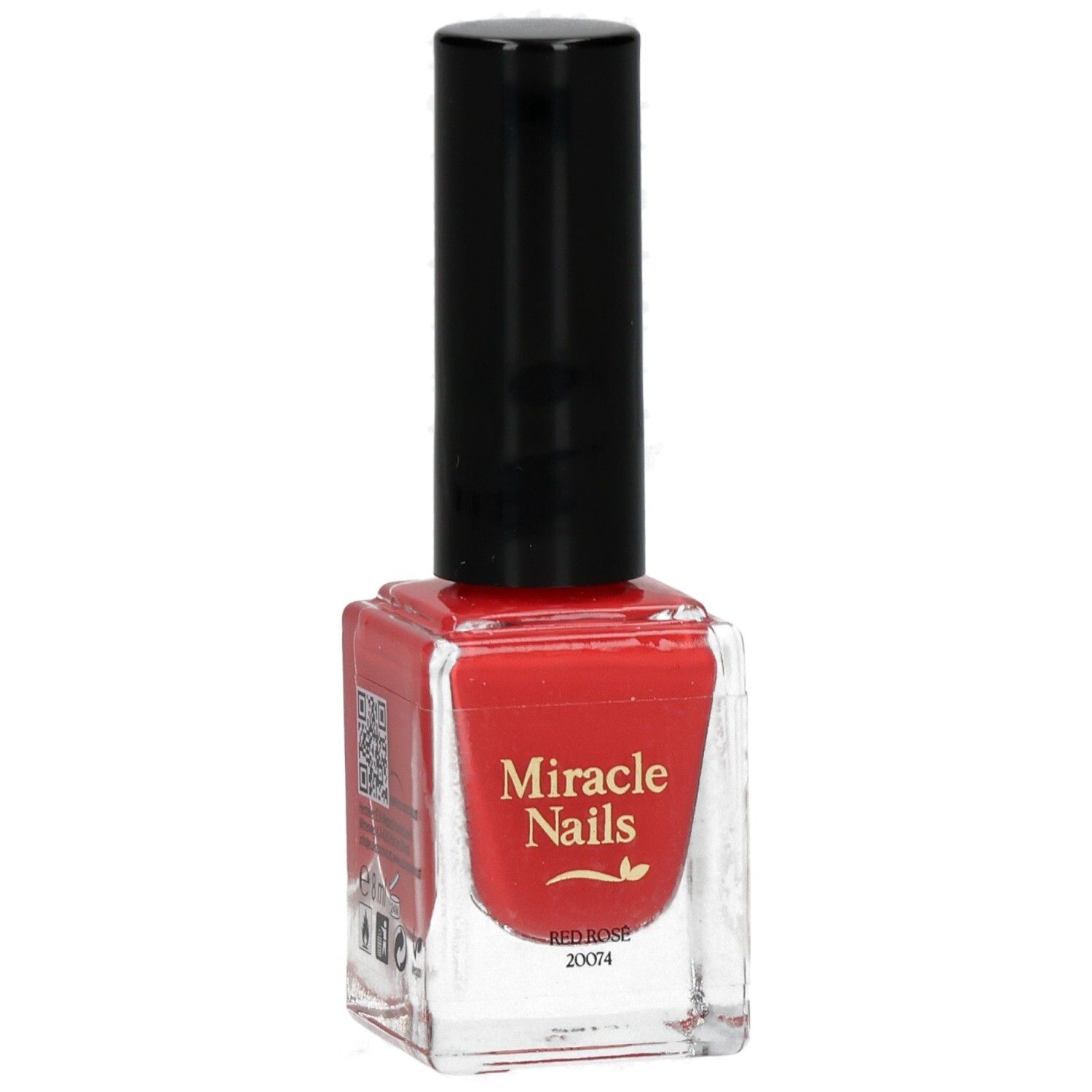 Roter Nagellack in einer Glasflasche mit schwarzem Deckel. Aufschrift: Miracle Nails, Red Rose, 20074. QR-Code.