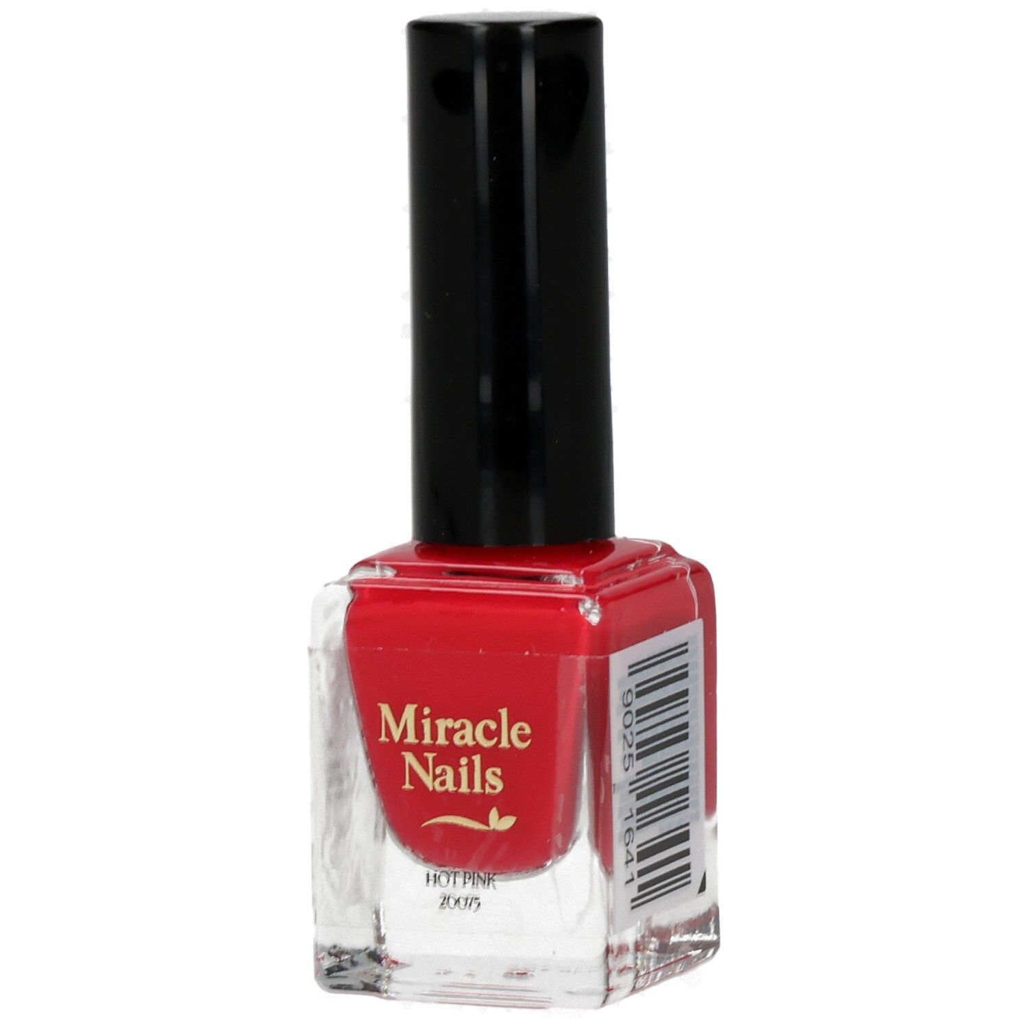 Nagellackflasche mit rotem Lack und schwarzem Deckel. Aufschrift: Miracle Nails, Hot Pink.