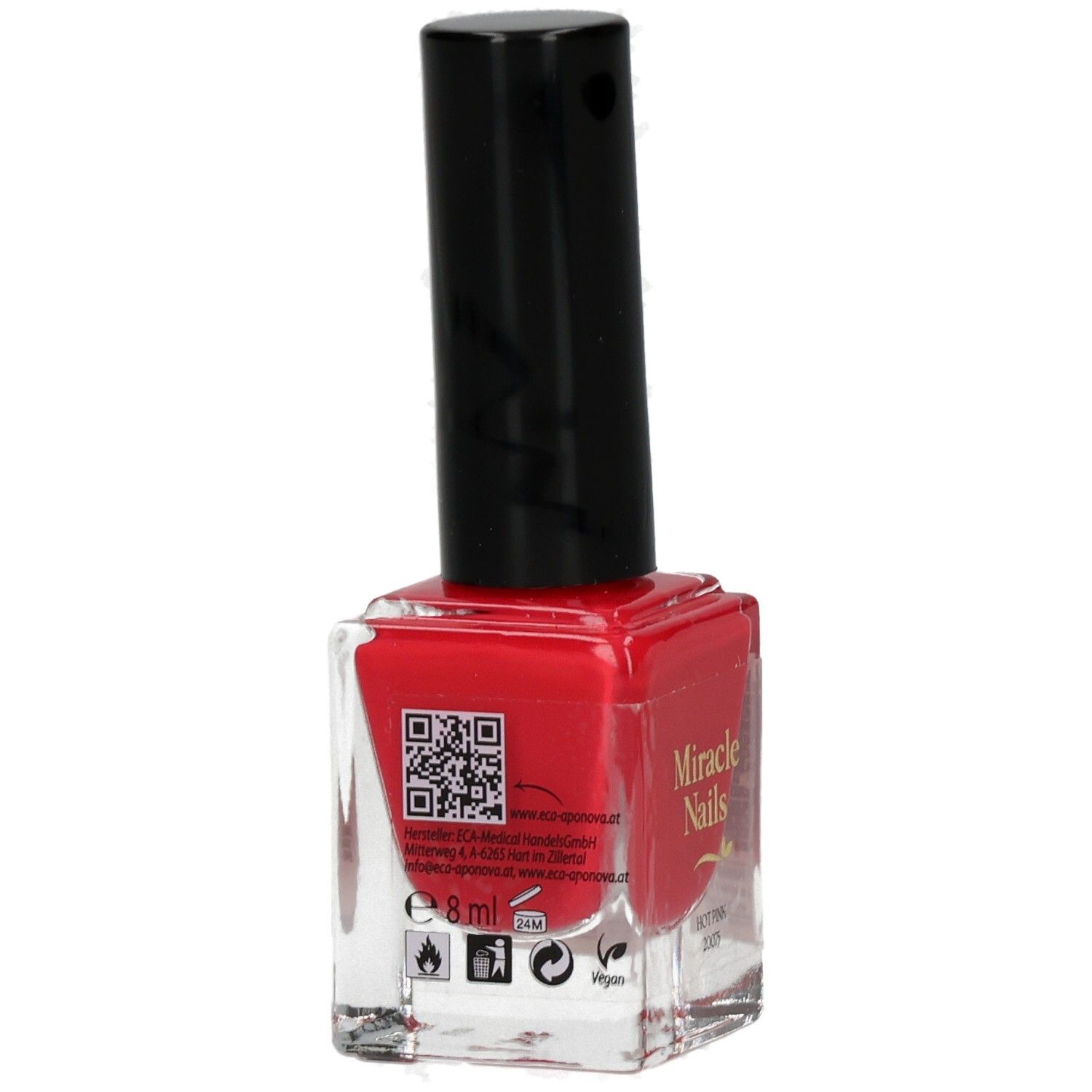 Nagellackflasche mit rotem Lack und schwarzem Deckel. QR-Code und Informationen auf der Rückseite.