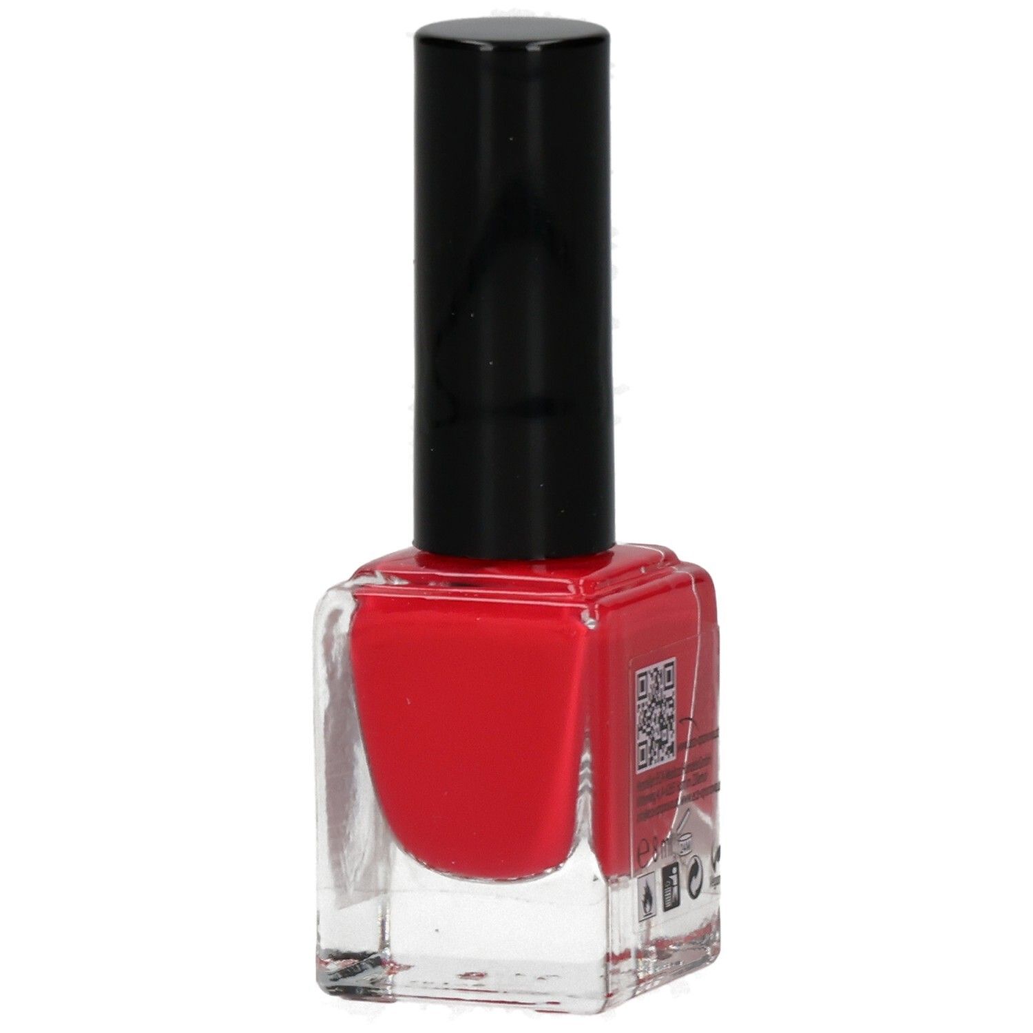 Nagellackflasche mit rotem Lack und schwarzem Deckel. Auf der Rückseite sind Informationen abgebildet.
