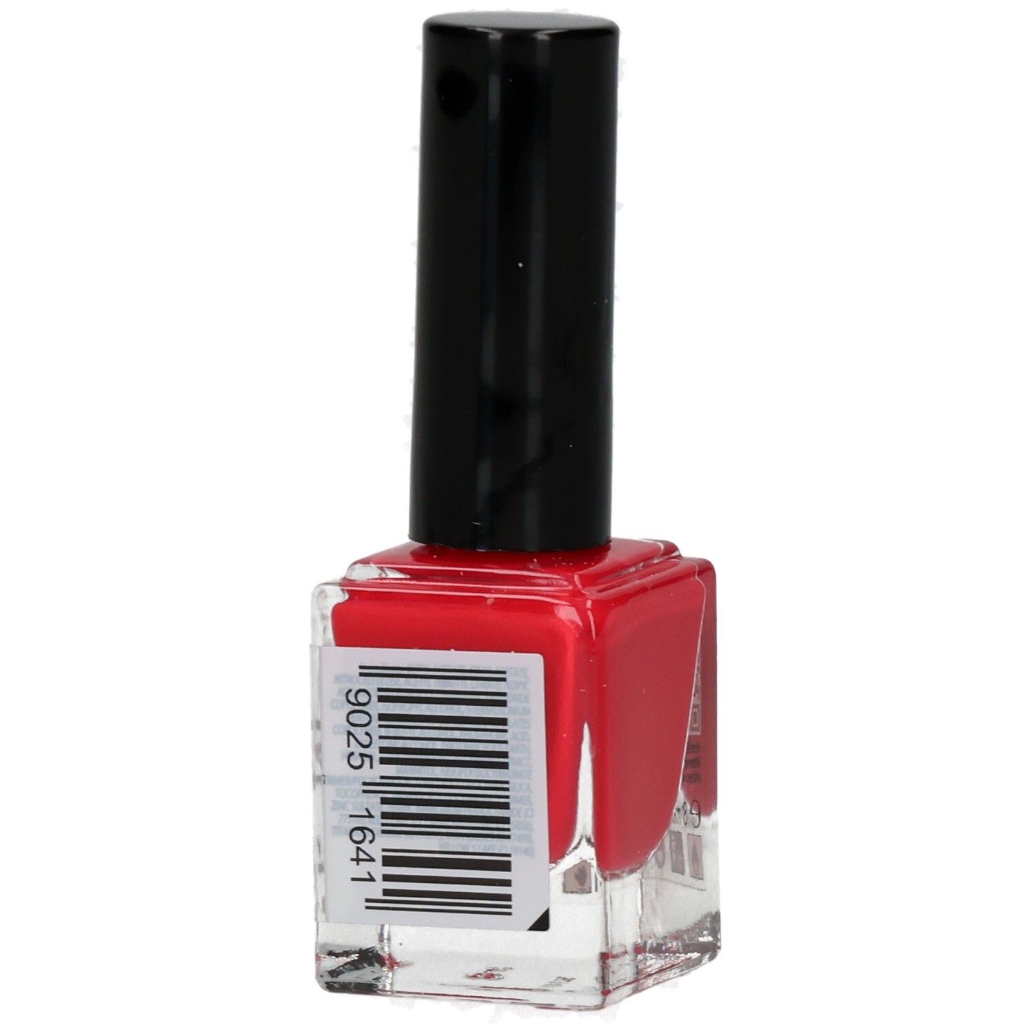 Nagellackflasche mit rotem Lack und schwarzem Deckel. Barcode auf der Seite.