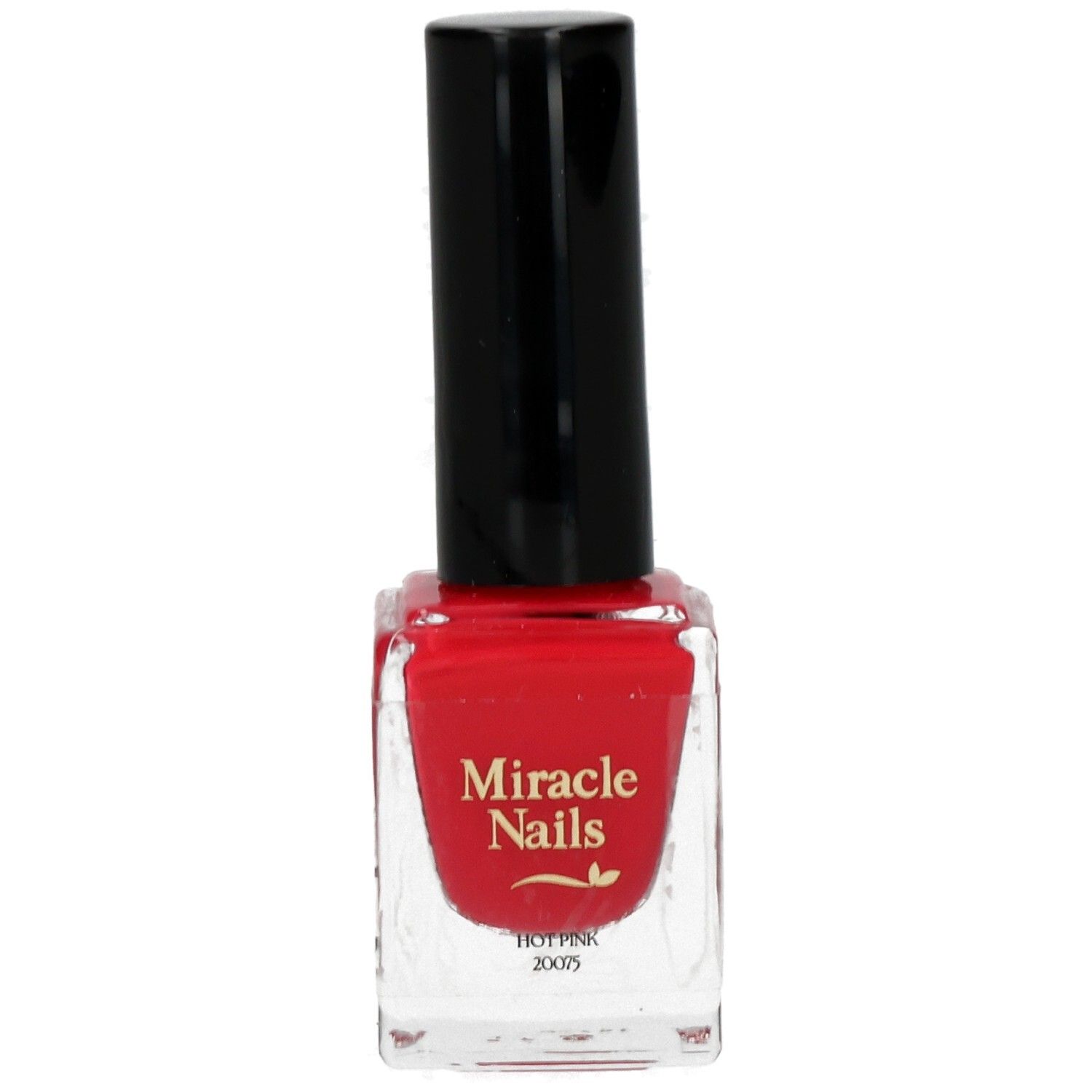 Nagellackflasche mit rotem Lack und schwarzem Deckel. Aufschrift: Miracle Nails, Hot Pink.