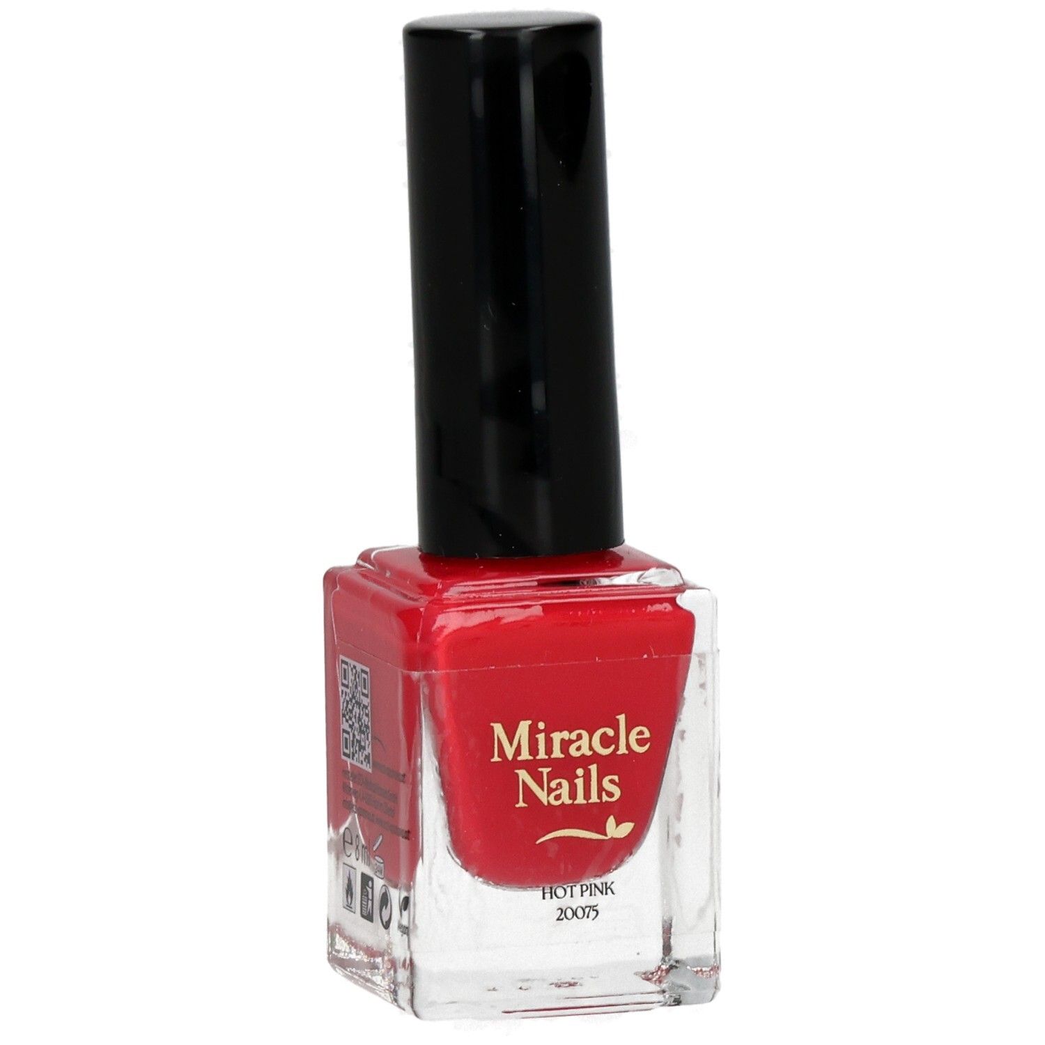 Nagellackflasche mit rotem Lack und schwarzem Deckel. Aufschrift: Miracle Nails, Hot Pink. QR-Code.