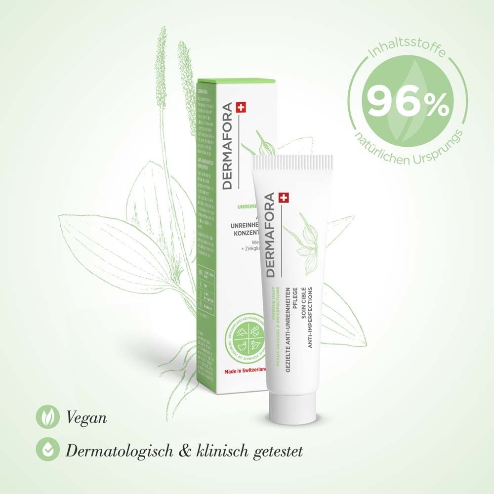 Produktverpackung und Tube. Grüne Schachtel mit Produkt. Marke: DERMAFORA. Vegan und dermatologisch getestet.