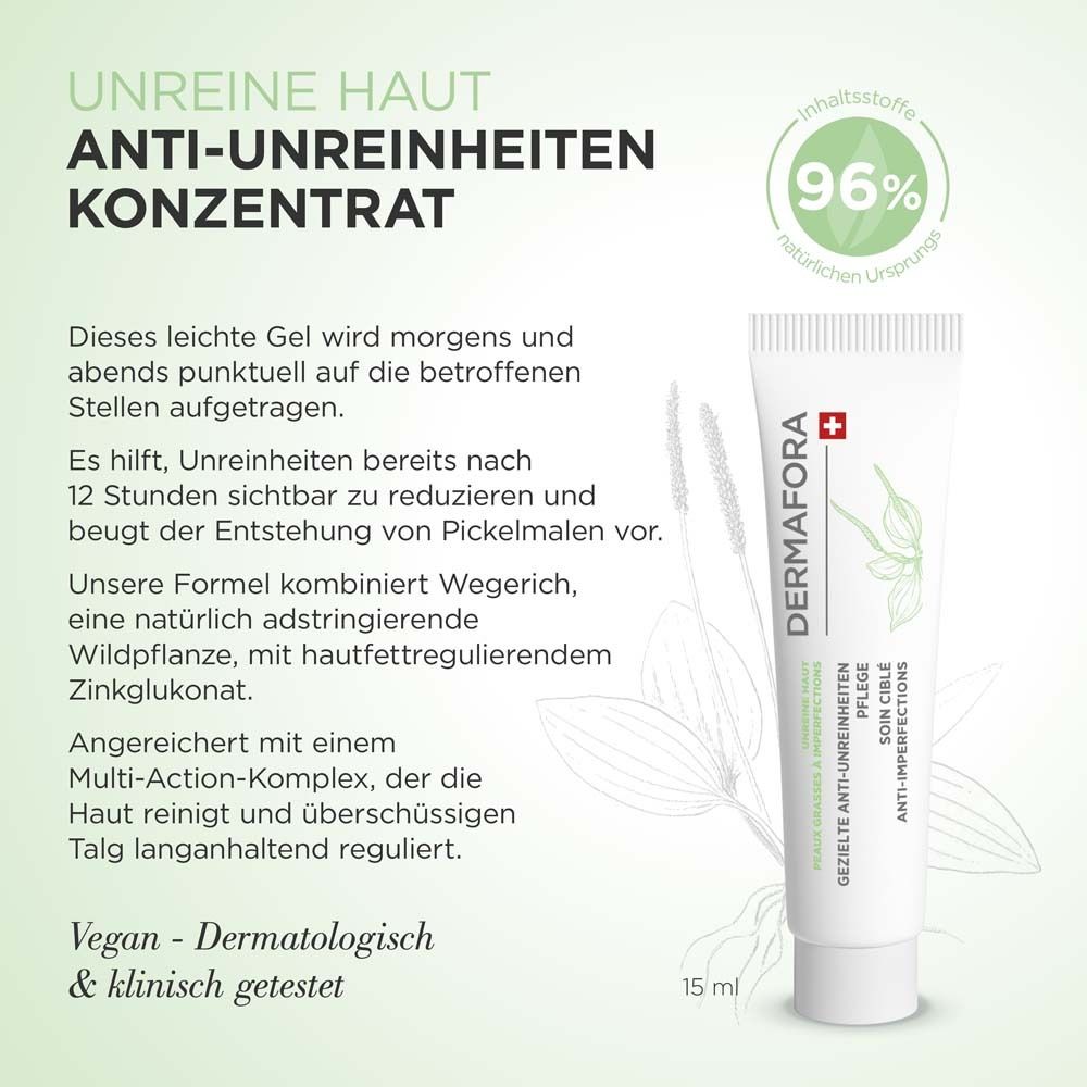 Weiße Tube mit grünem Aufdruck. Text: Anti-Unreinheiten Konzentrat. Marke: DERMAFORA. 15 ml. Vegan und dermatologisch getestet.