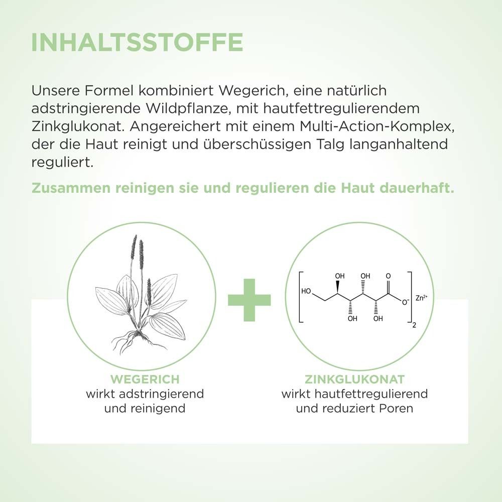 Grafik mit Inhaltsstoffen. Pflanzenabbildung und chemische Formel. Text: Wegrich und Zinkglukonat.