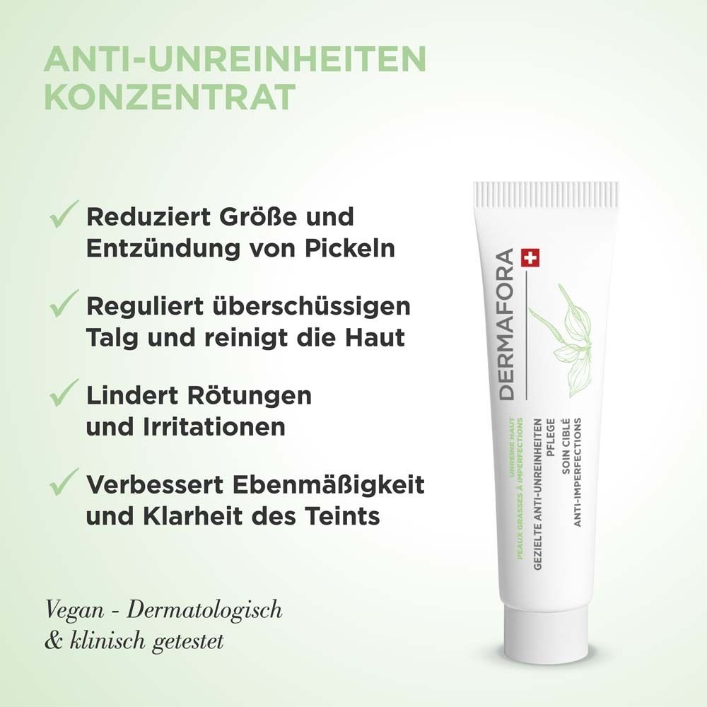 Weiße Tube mit grünem Aufdruck. Text: Anti-Unreinheiten Konzentrat. Marke: DERMAFORA. Vegan und dermatologisch getestet.