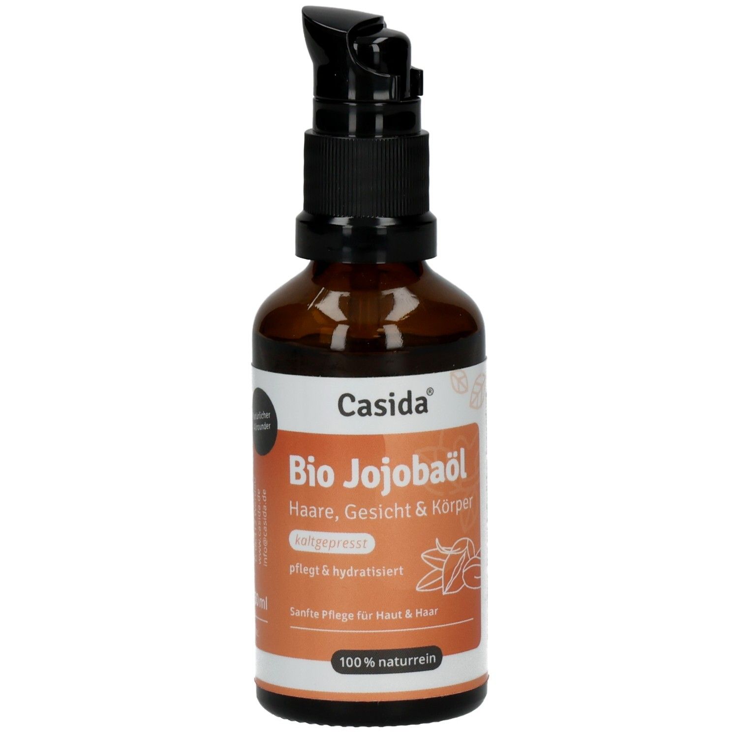 Casida Bio Jojobaöl in brauner Glasflasche mit Pumpspender. Für Haare, Gesicht & Körper.