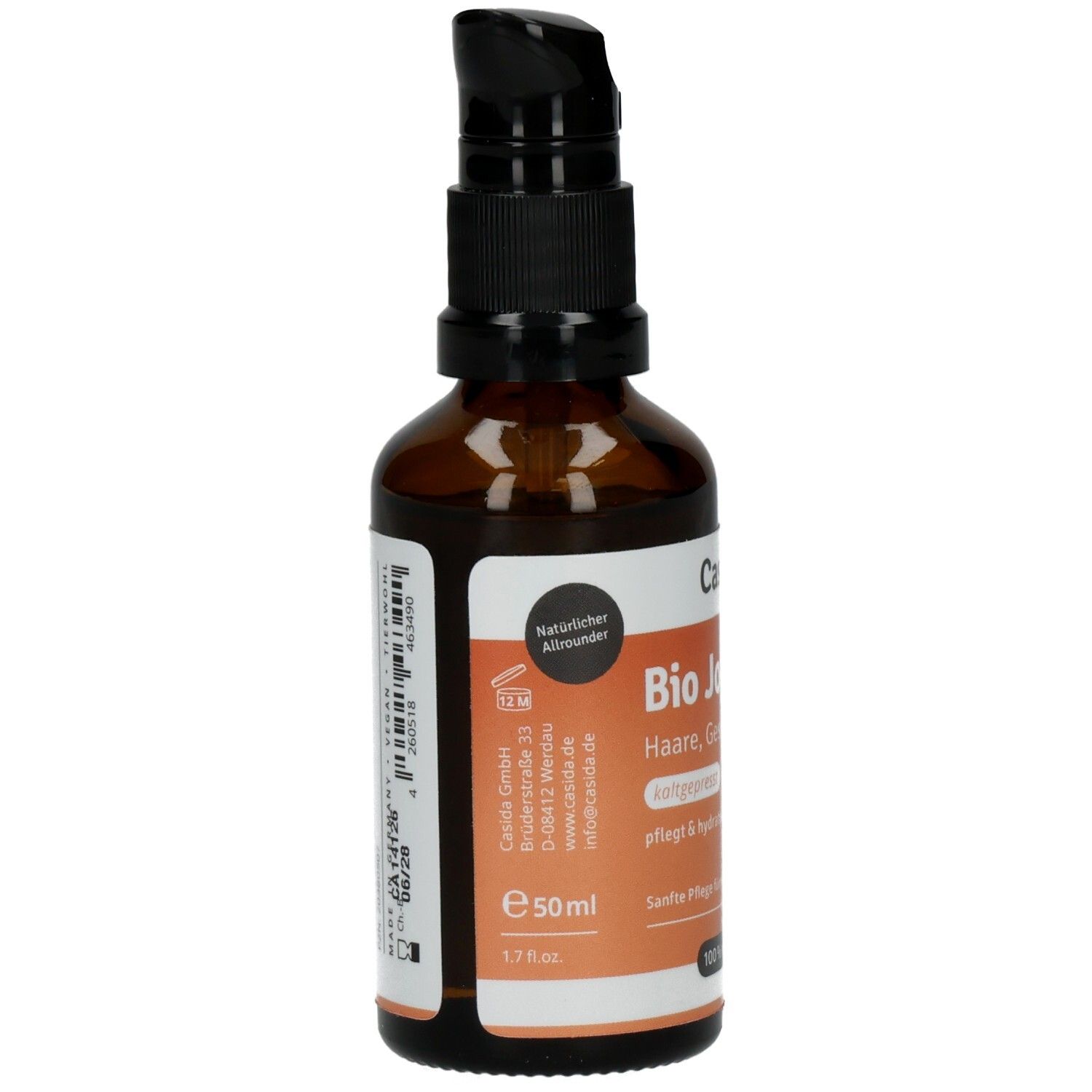 Braune Glasflasche mit Pumpspender, 50ml. Etikett mit "Bio Jojoba" und "Haare, Gesicht, Körper".