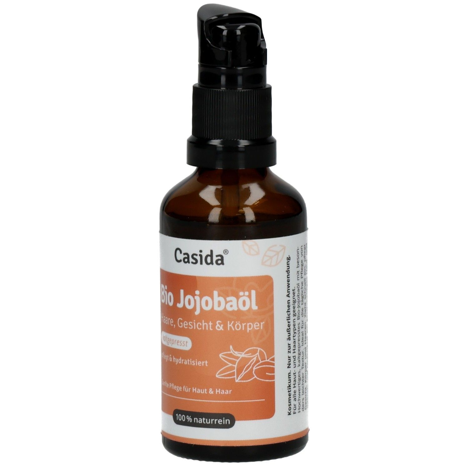 Braune Glasflasche mit Pumpspender, Casida Bio Jojobaöl für Haut & Haar, 100% naturrein.