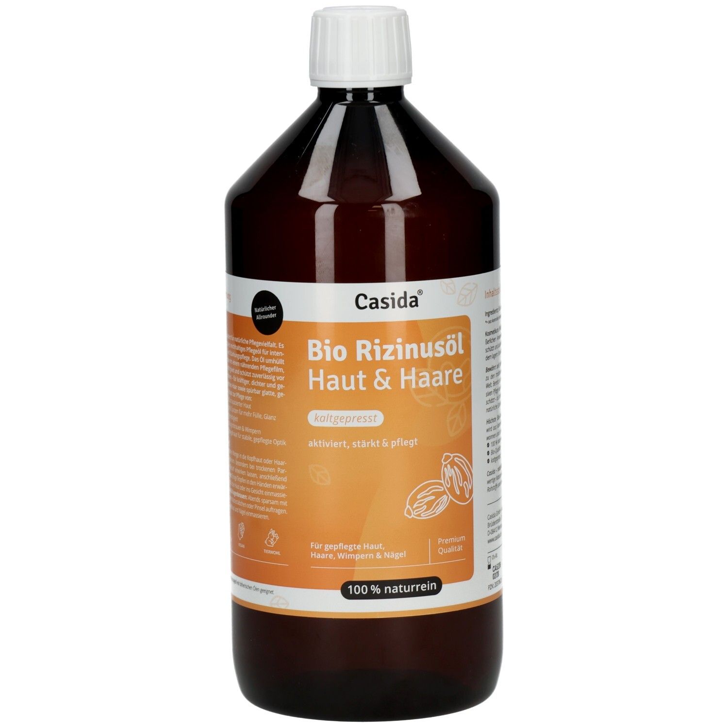Braune Flasche mit weißem Deckel. Aufschrift: Bio Rizinusöl Haut & Haare. 100% naturrein. Marke: Casida.