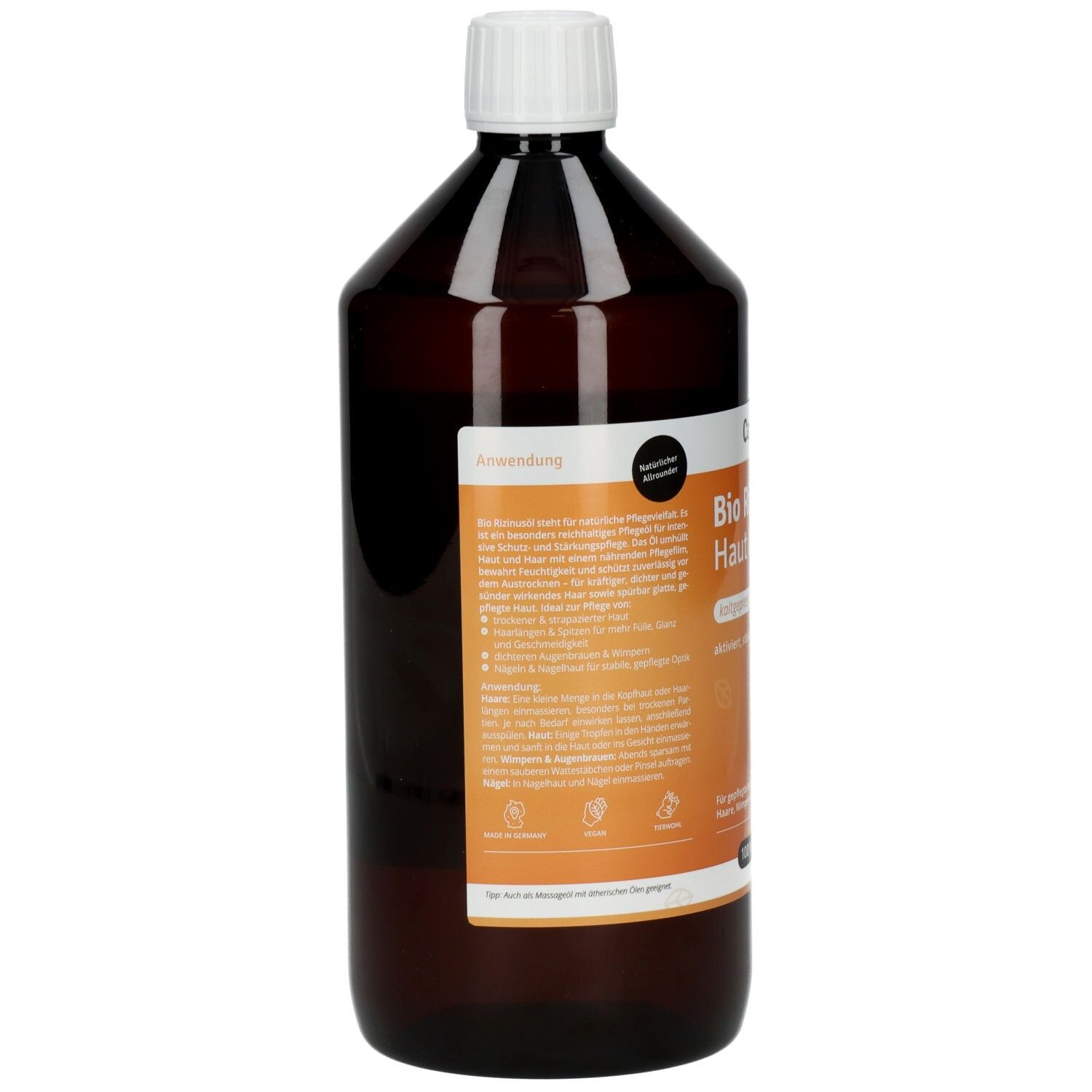 Braune Flasche mit weißem Deckel. Aufschrift: Bio Rizinusöl Haut & Haare. Text über Anwendung. Marke: Casida.