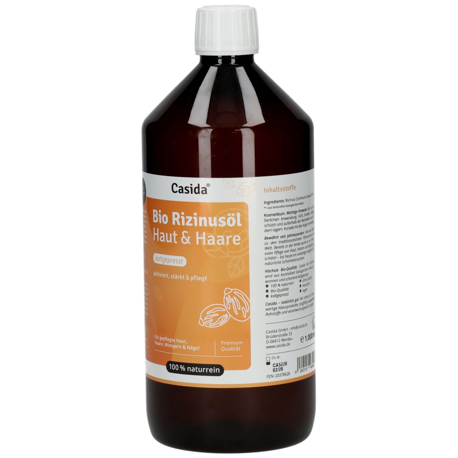 Braune Flasche mit weißem Deckel. Aufschrift: Bio Rizinusöl Haut & Haare. Marke: Casida. Inhaltsstoffe.