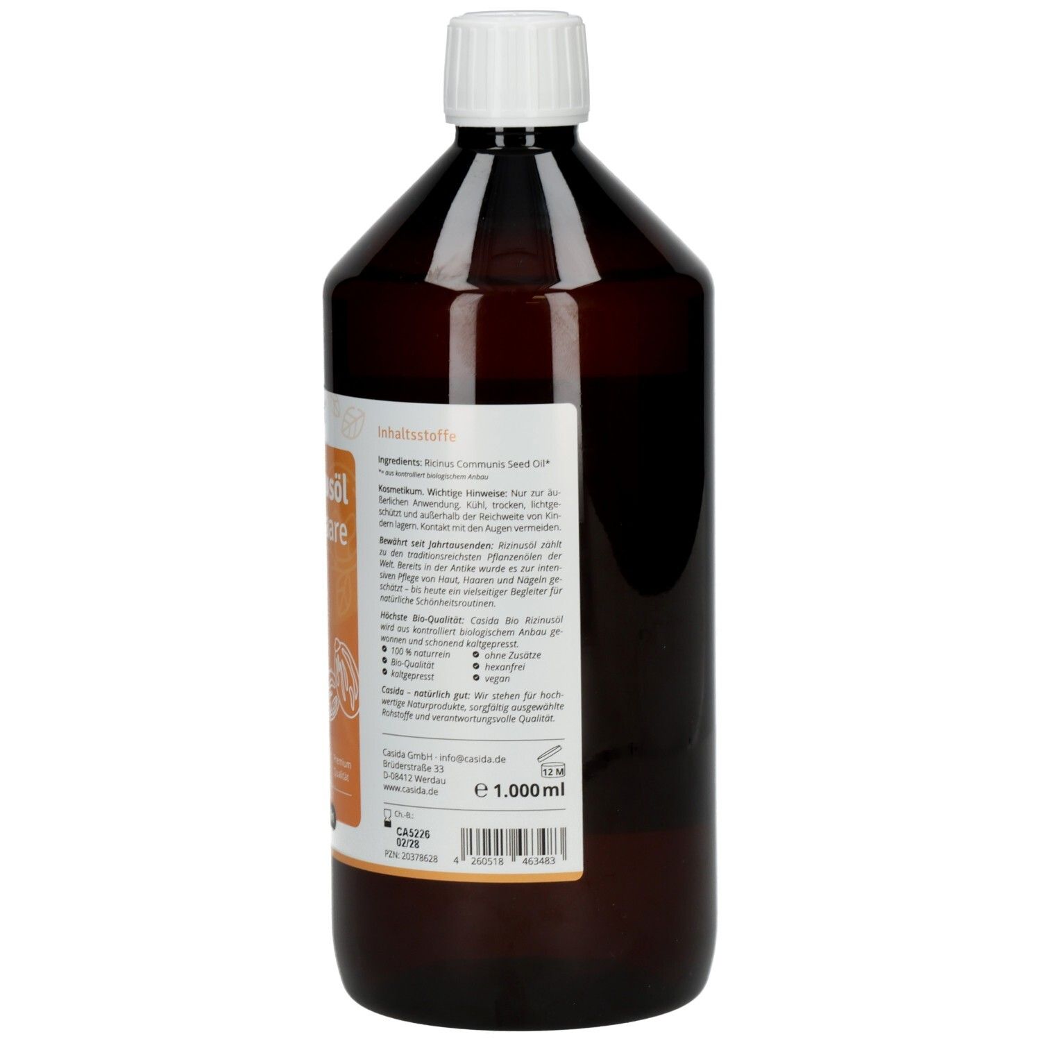 Braune Flasche mit weißem Deckel. Aufschrift: Bio Rizinusöl Haut & Haare. Marke: Casida. Inhaltsstoffe und Volumen.