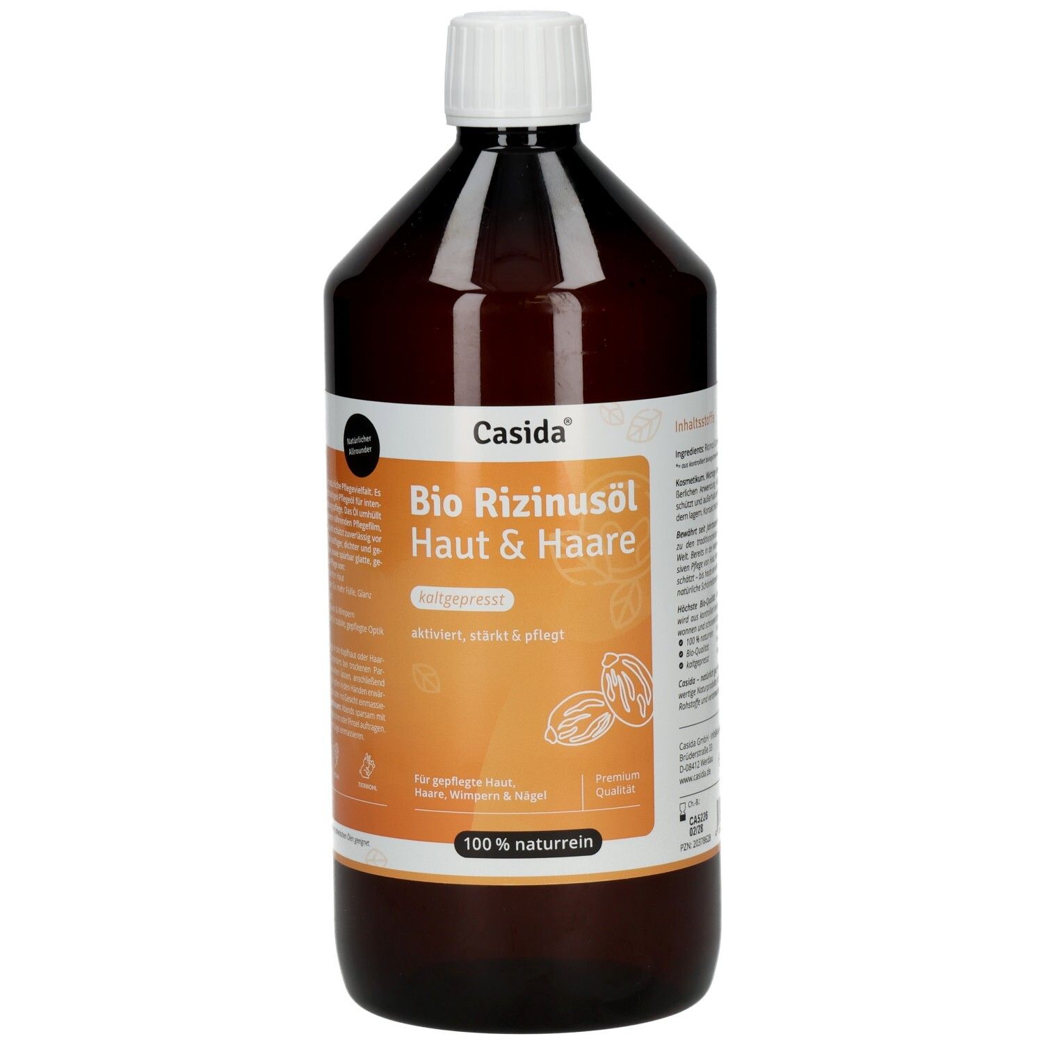 Braune Flasche mit weißem Deckel. Aufschrift: Bio Rizinusöl Haut & Haare. Marke: Casida. 100% naturrein.