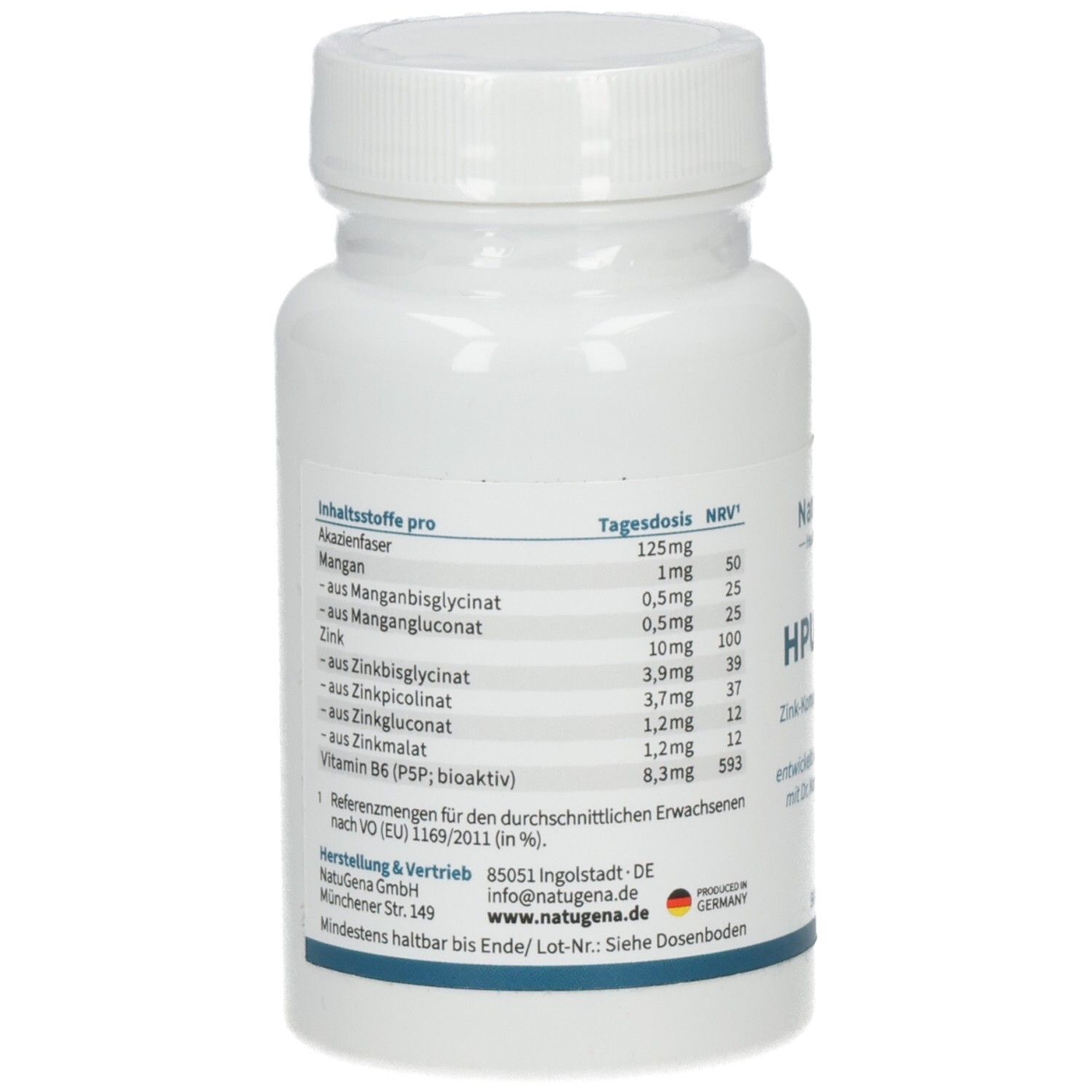 Rückseite der NatuGena HPU Basis Kapselpackung mit Nährwertangaben und Herstellerinformationen.