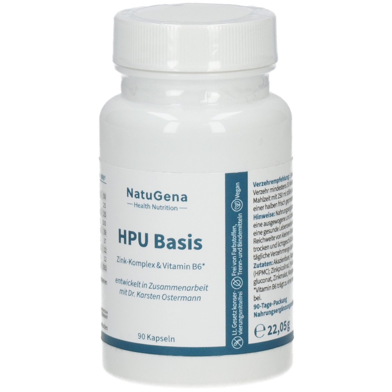 NatuGena HPU Basis Kapselpackung mit Siegel, veganem Hinweis und 90 Kapseln Inhalt.