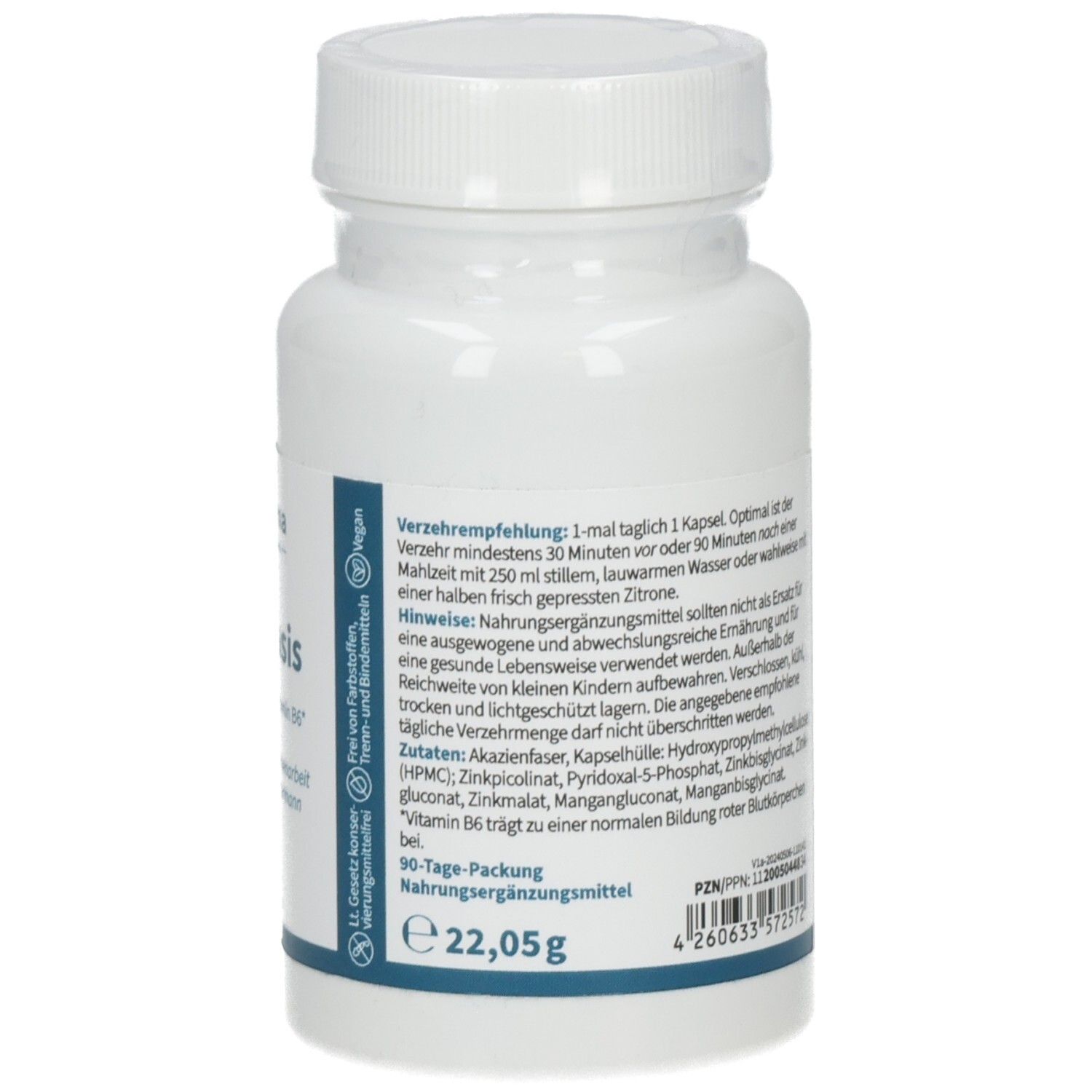 Rückseite der NatuGena HPU Basis Kapselpackung mit Verzehrempfehlung und Inhaltsstoffen.