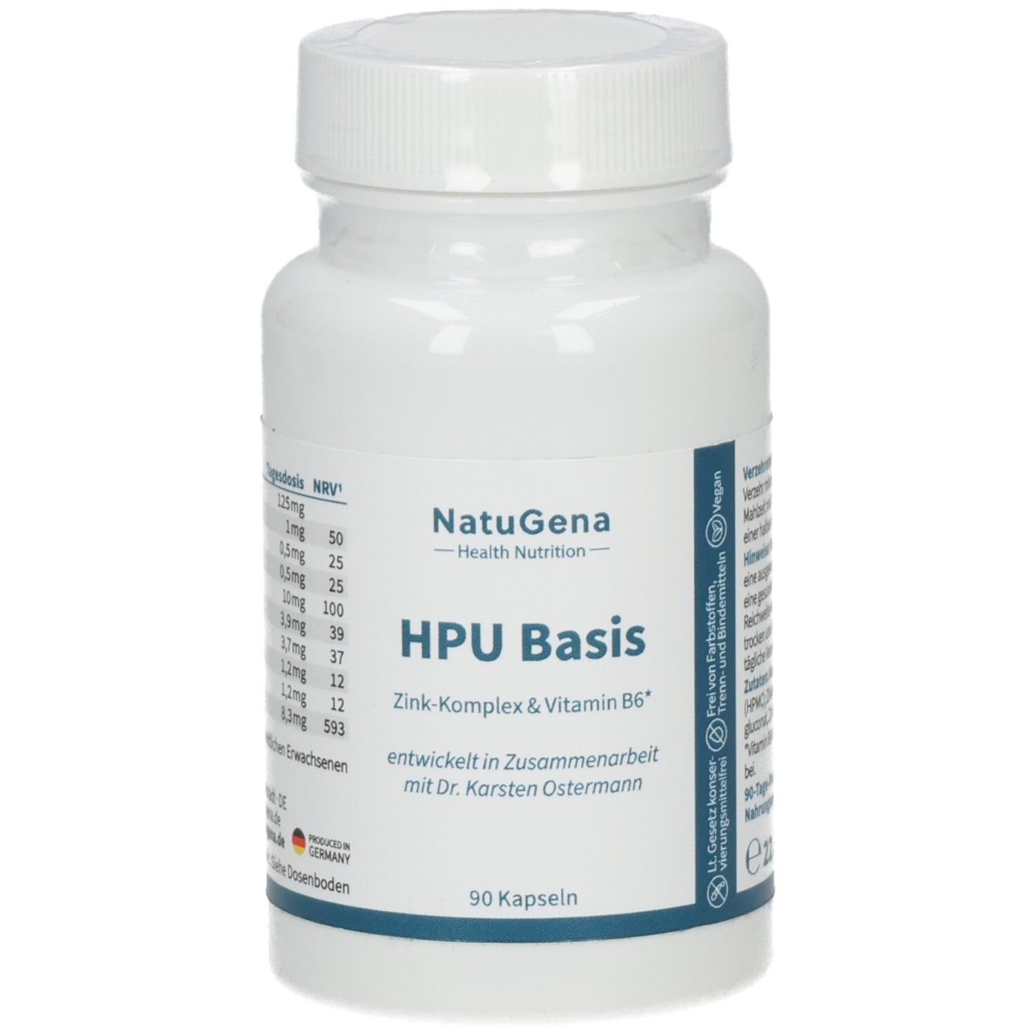 Weiße Kapselpackung NatuGena HPU Basis, Zink-Komplex & Vitamin B6, 90 Kapseln, deutsche Herstellung.