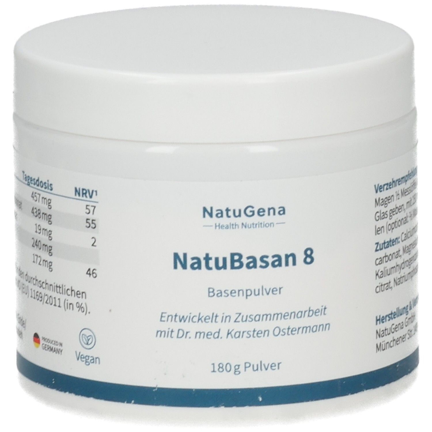 NatuBasan 8 Basenpulver in weißem Behälter mit blauem Etikett. Enthält Nährwertangaben und veganes Siegel.