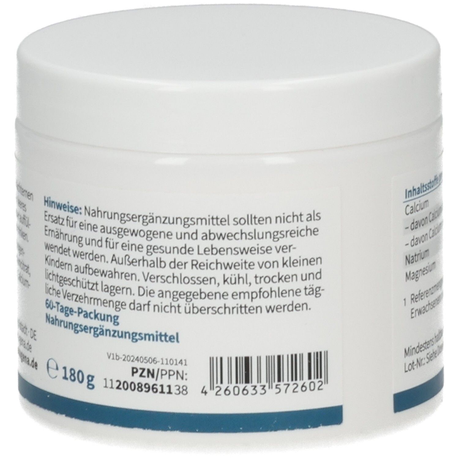 Seitenansicht des NatuBasan 8 Behälters mit Hinweisen zur Anwendung und Lagerung. Enthält Barcode und PZN.