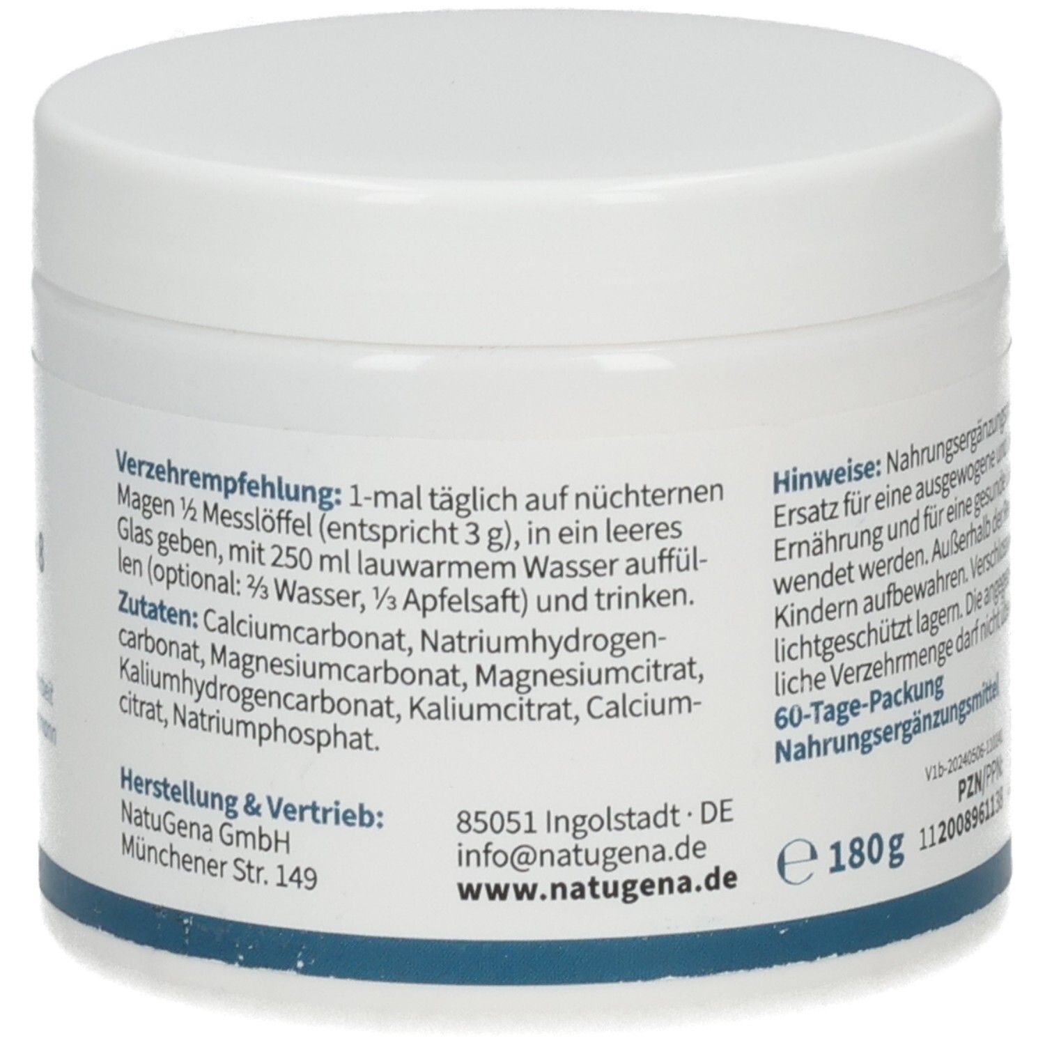Seitenansicht des NatuBasan 8 Behälters mit Verzehrempfehlung, Zutaten und Herstellerinformationen. Gewicht 180g.