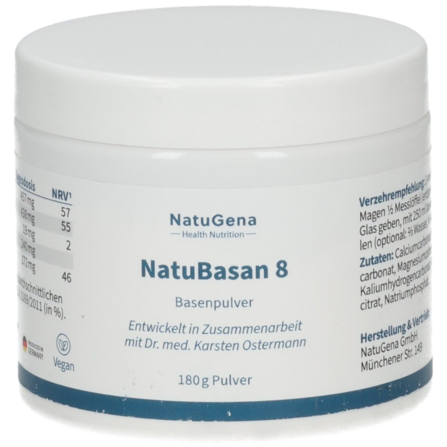 NatuBasan 8 Basenpulver Behälter mit Fokus auf Nährwerttabelle und Siegeln. Enthält 180g Pulver.
