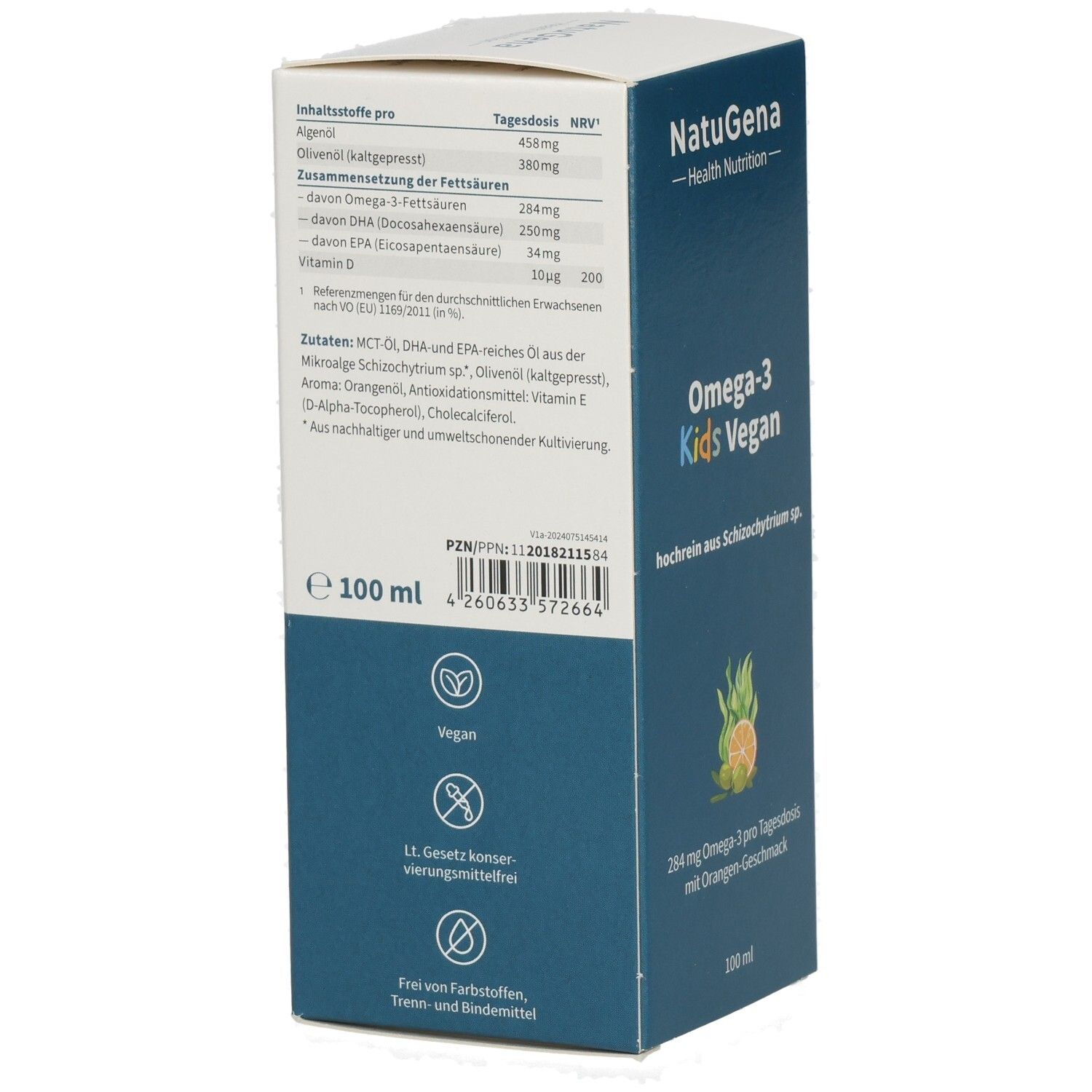 NatuGena Omega-3 Kids Vegan: Rückseite der Verpackung mit Inhaltsstoffen, veganem Siegel und 100 ml Angabe.